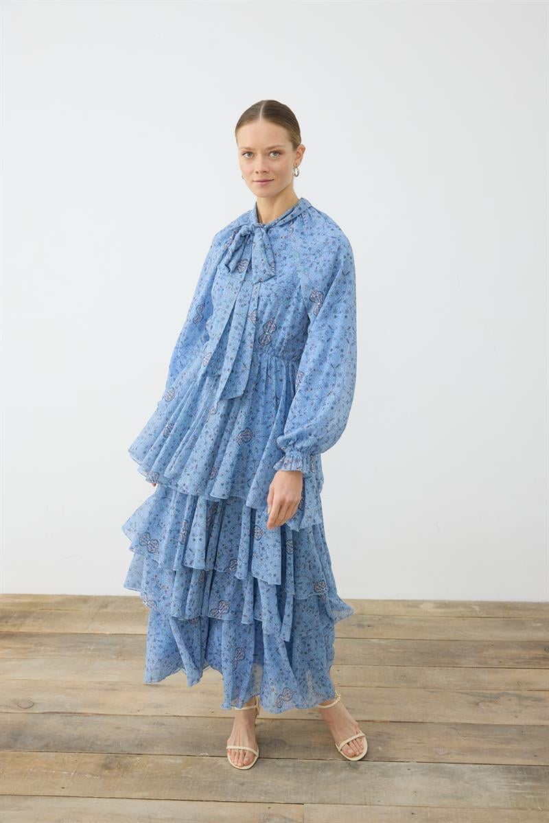 SPRING PATTERNED CHIFFON LAYERED DRESS BABY BLUE