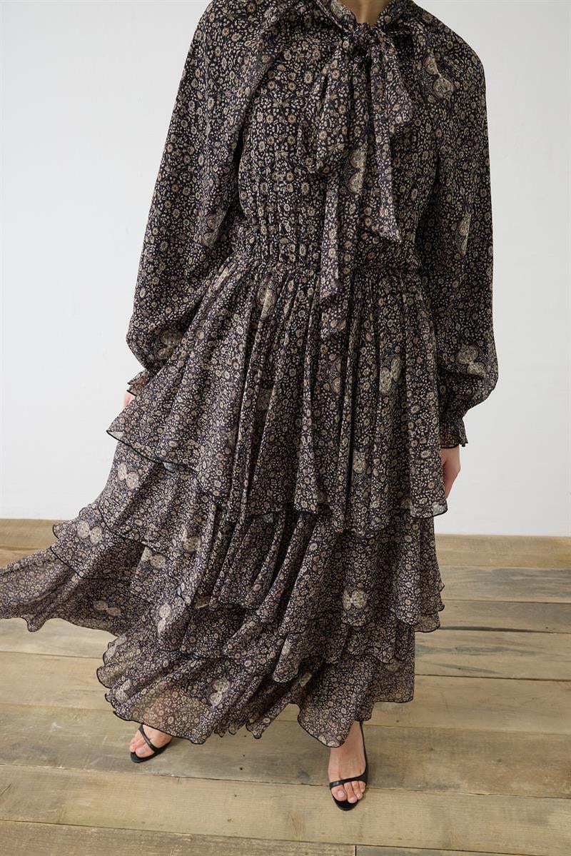 SPRING PATTERNED CHIFFON LAYERED DRESS BLACK