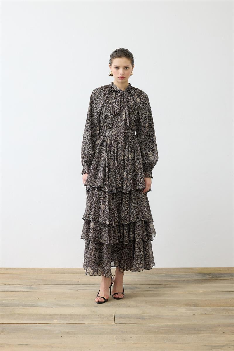 SPRING PATTERNED CHIFFON LAYERED DRESS BLACK