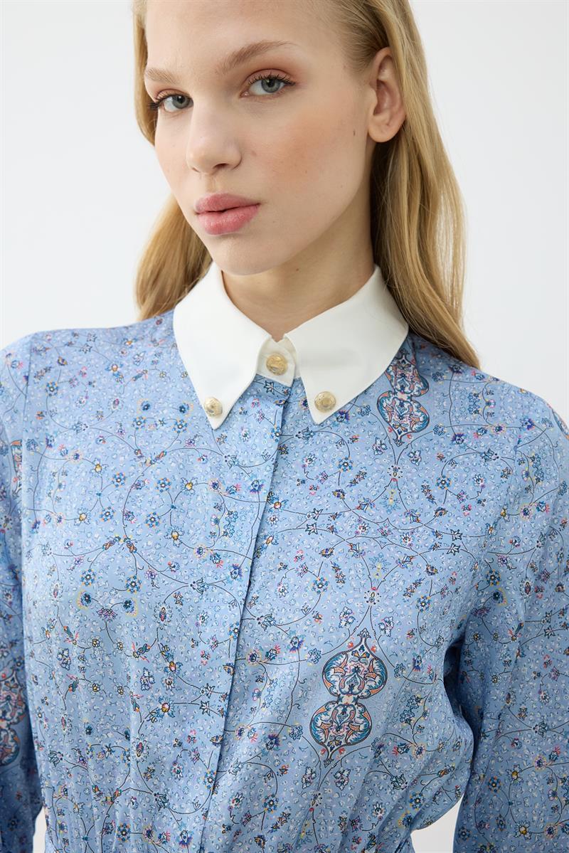 SPRING PATTERNED COLLAR DETAILED TWILL DRESS BABY BLUE