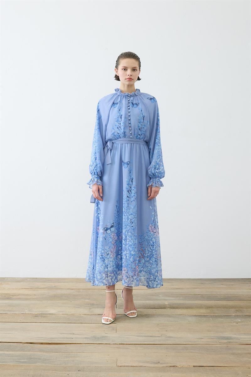 SUMBUL PATTERNED HALF BELTED CHIFFON DRESS BABY BLUE