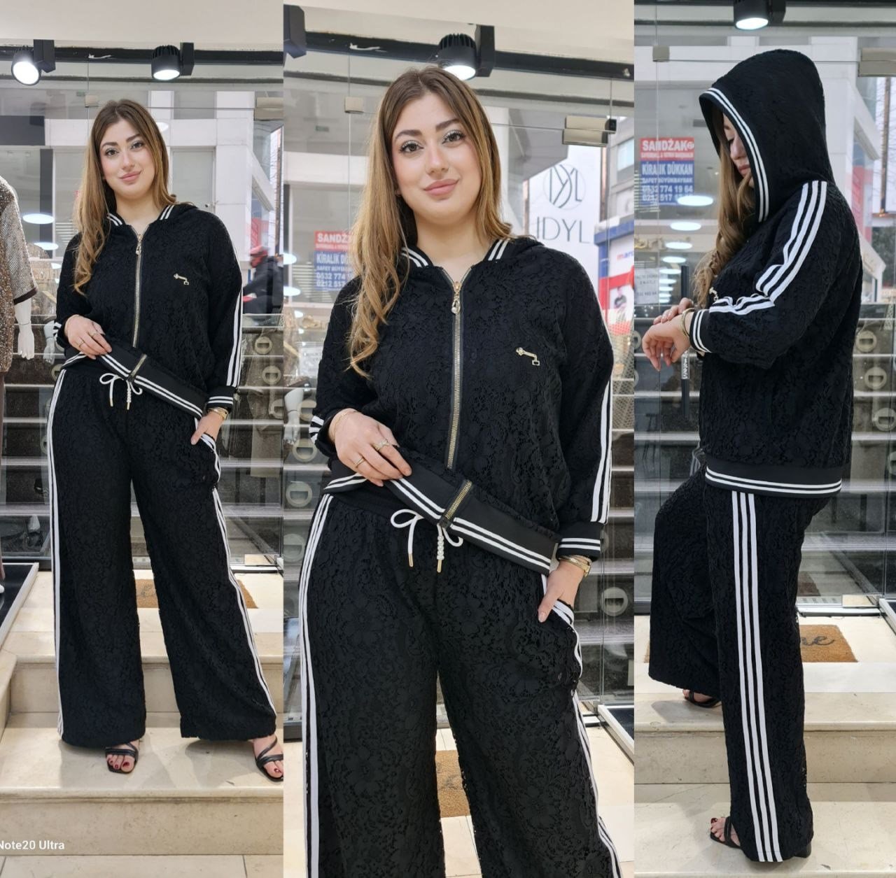 Büyük Beden Uyumlu Şerit Detaylı Fransız Dantel Takım