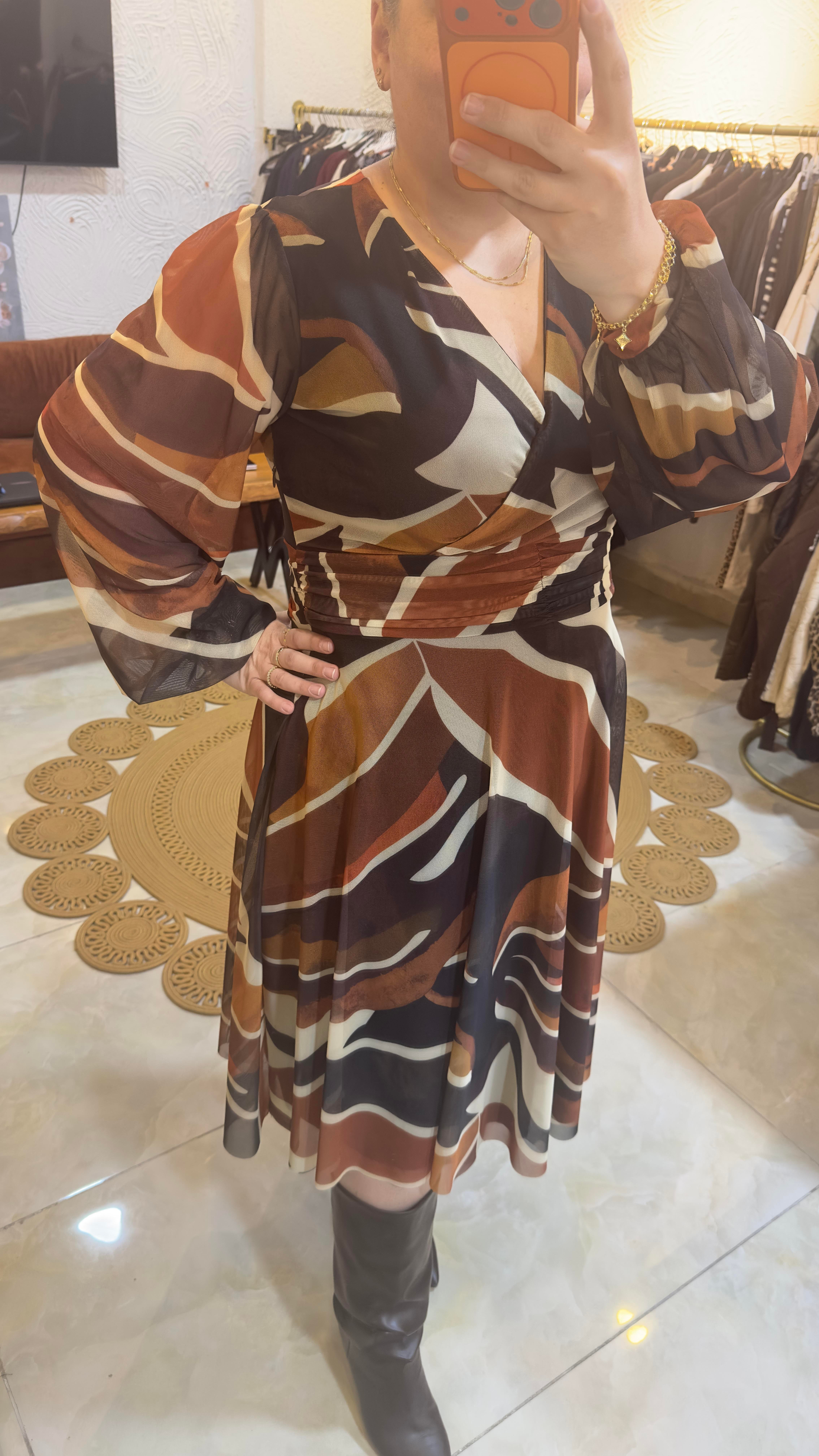 Çok Renkli Drape Detaylı Tül Elbise