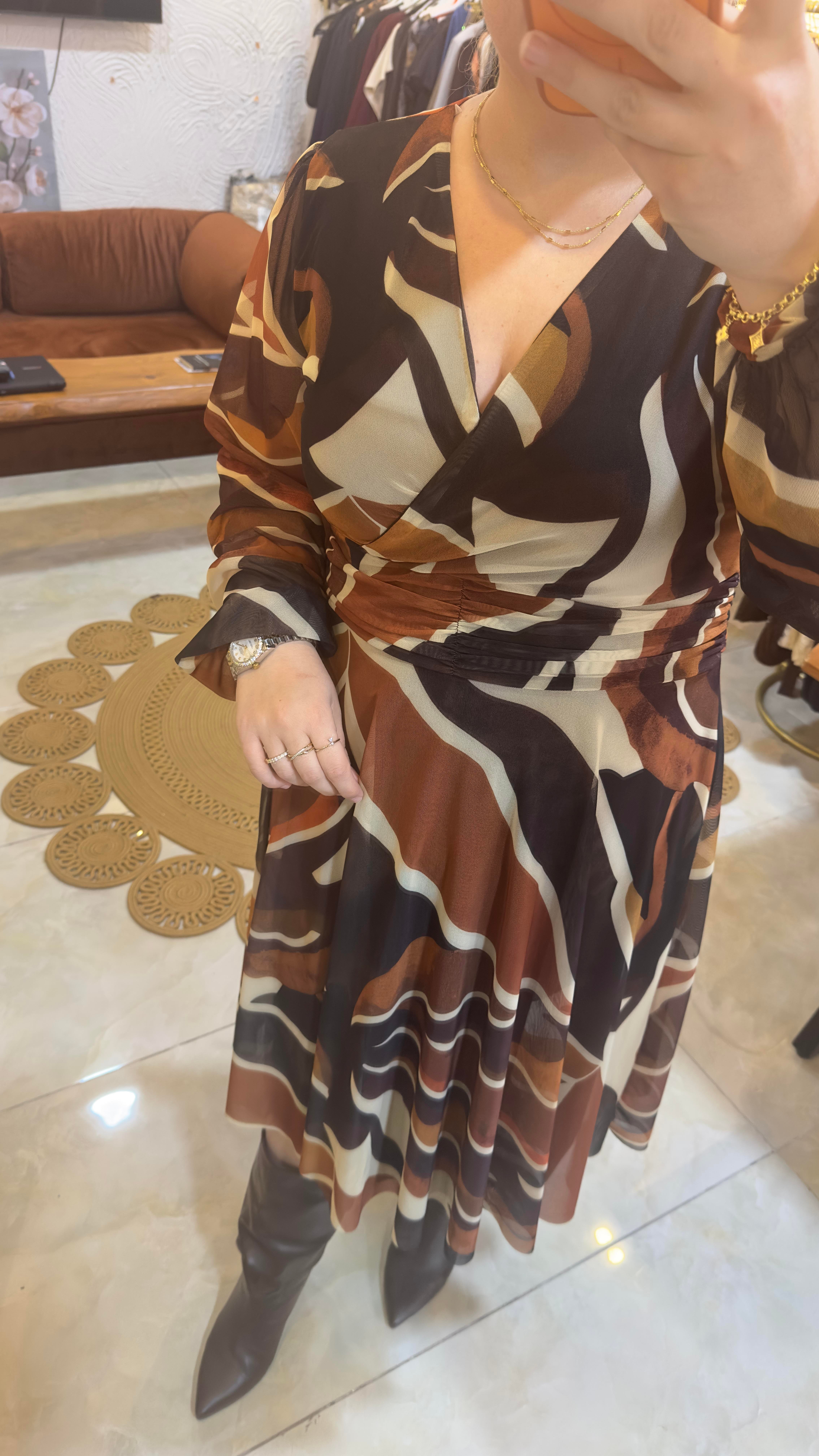 Çok Renkli Drape Detaylı Tül Elbise