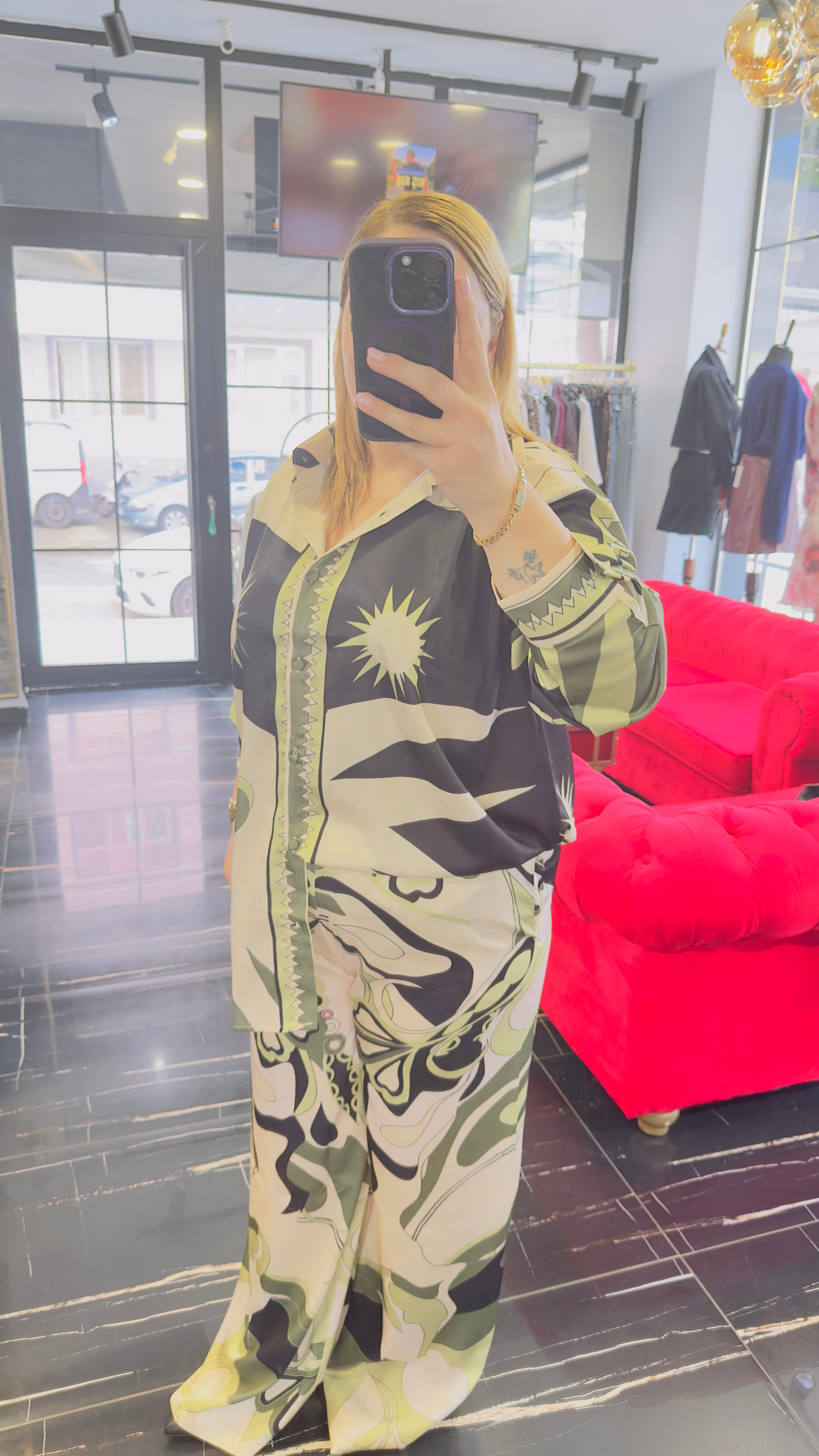 Orijinal Model , Beli Lastikli , Pantolon & Gömlek , Desenli , Yeşil Saten Takım