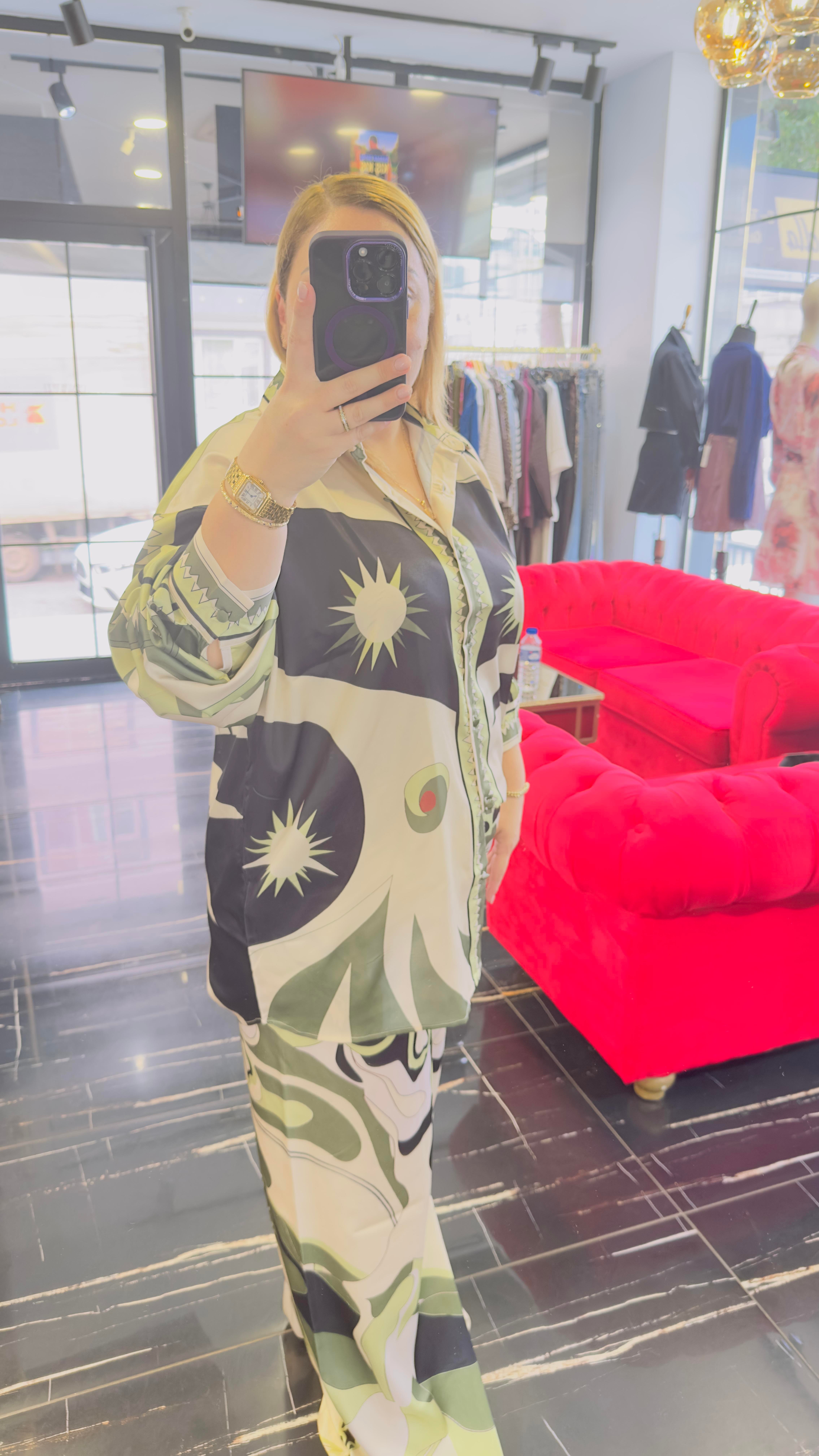 Orijinal Model , Beli Lastikli , Pantolon & Gömlek , Desenli , Yeşil Saten Takım