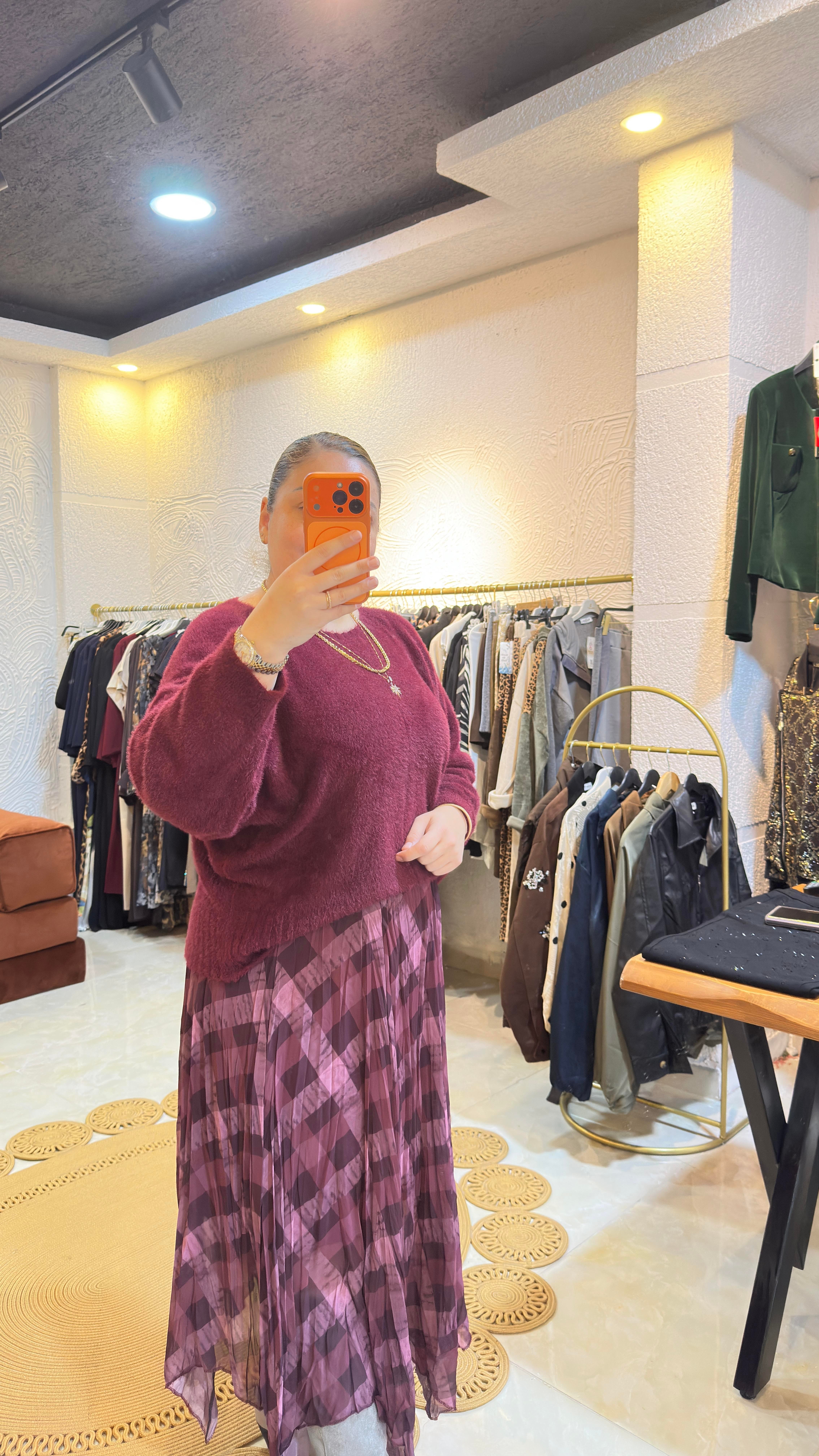 Şifon Ekose Desen Bordo Etek
