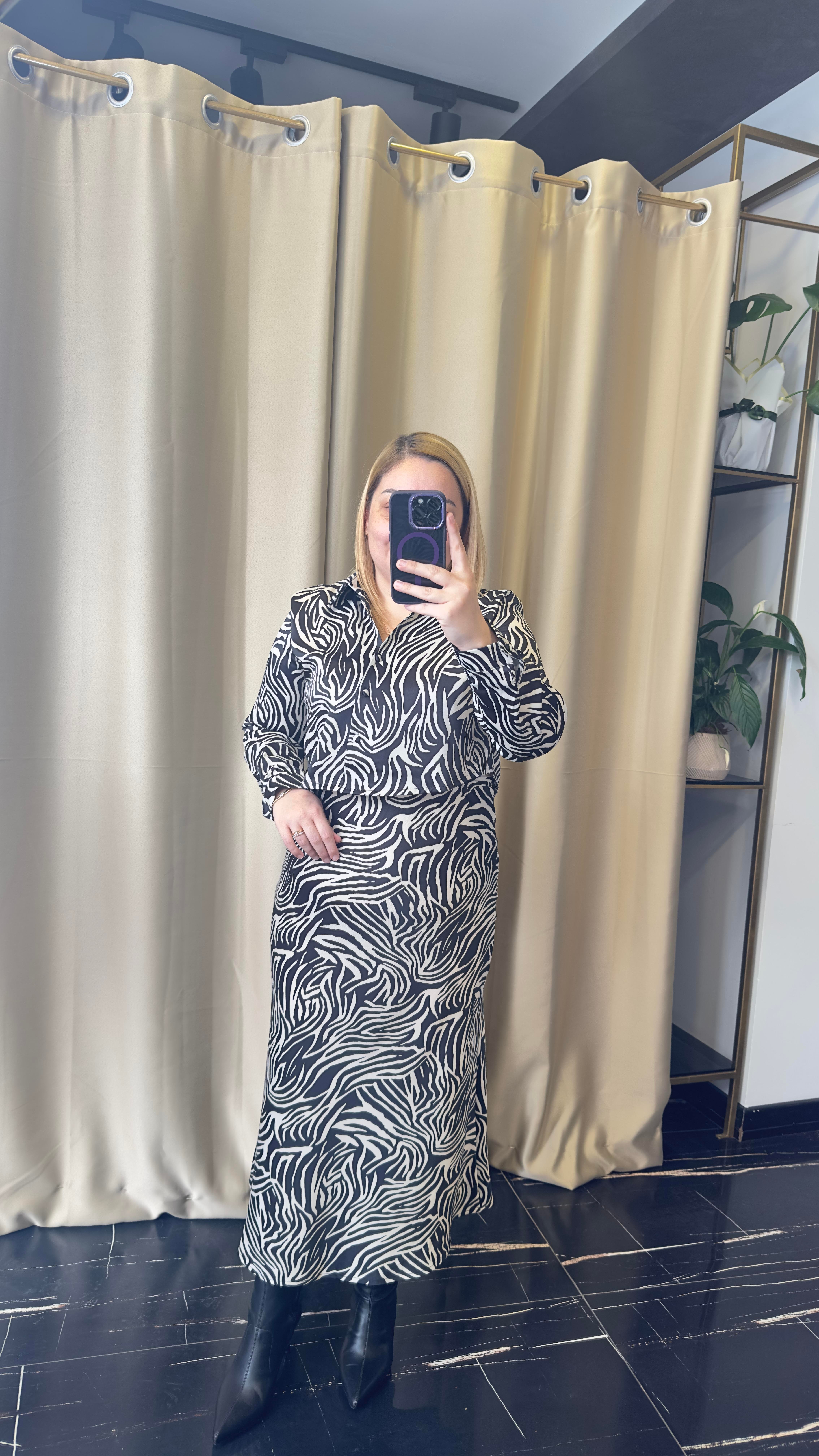 Zebra Desen Saten Etek ve Gömlek Takım