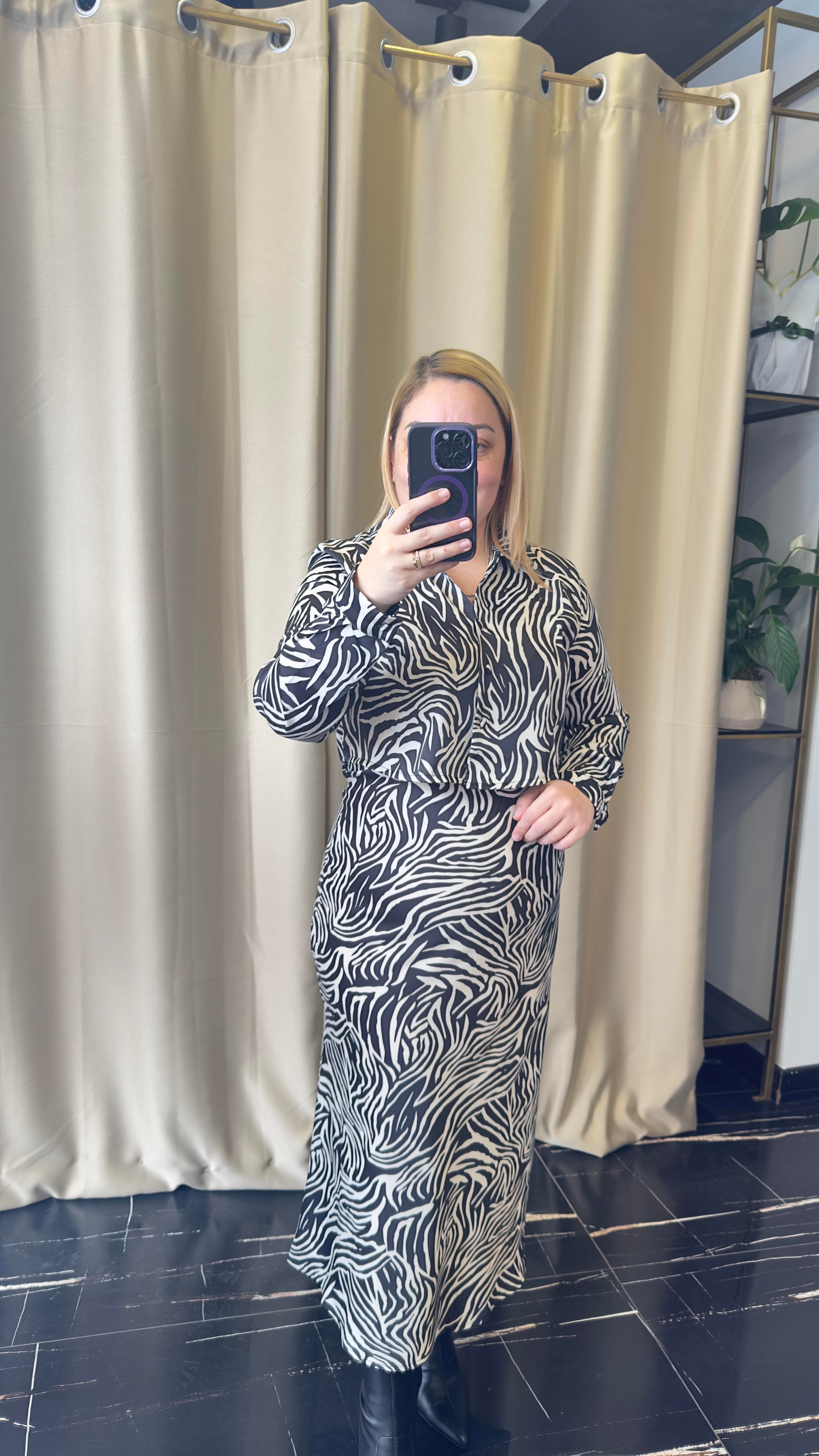 Zebra Desen Saten Etek ve Gömlek Takım