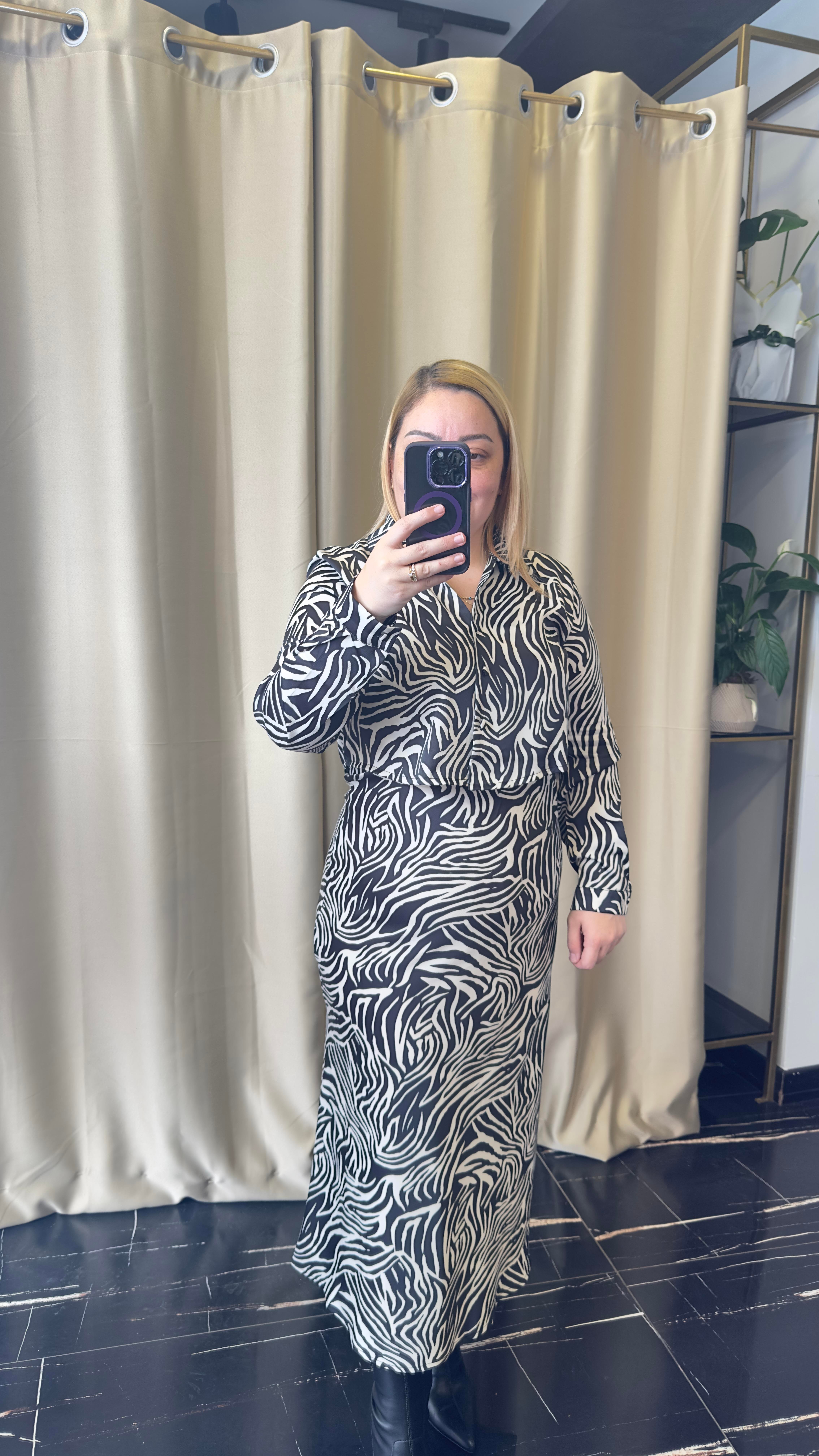 Zebra Desen Saten Etek ve Gömlek Takım