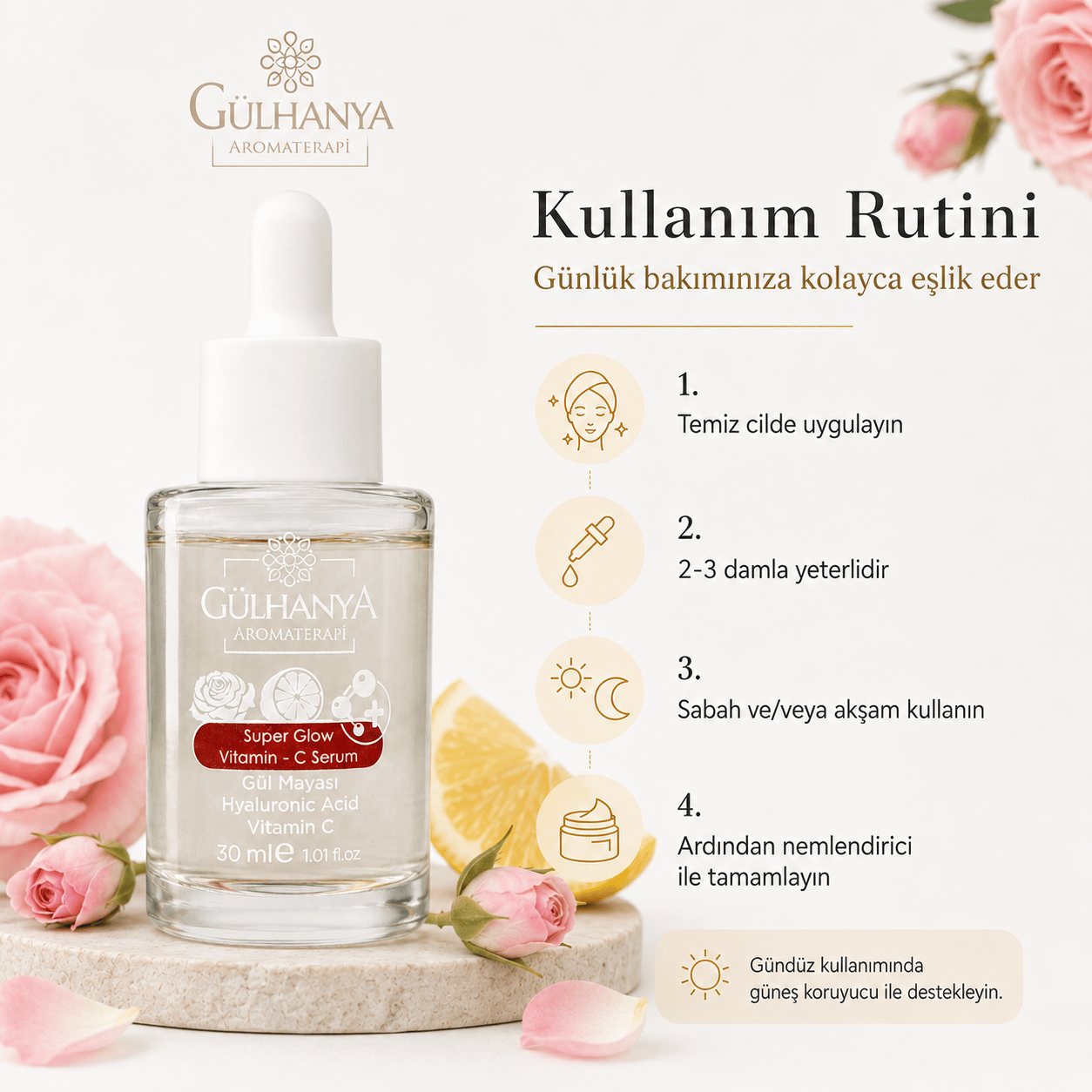 Gül Mayası ve C Vitamini içerikli Aydınlatıcı - Leke Karşıtı Serum