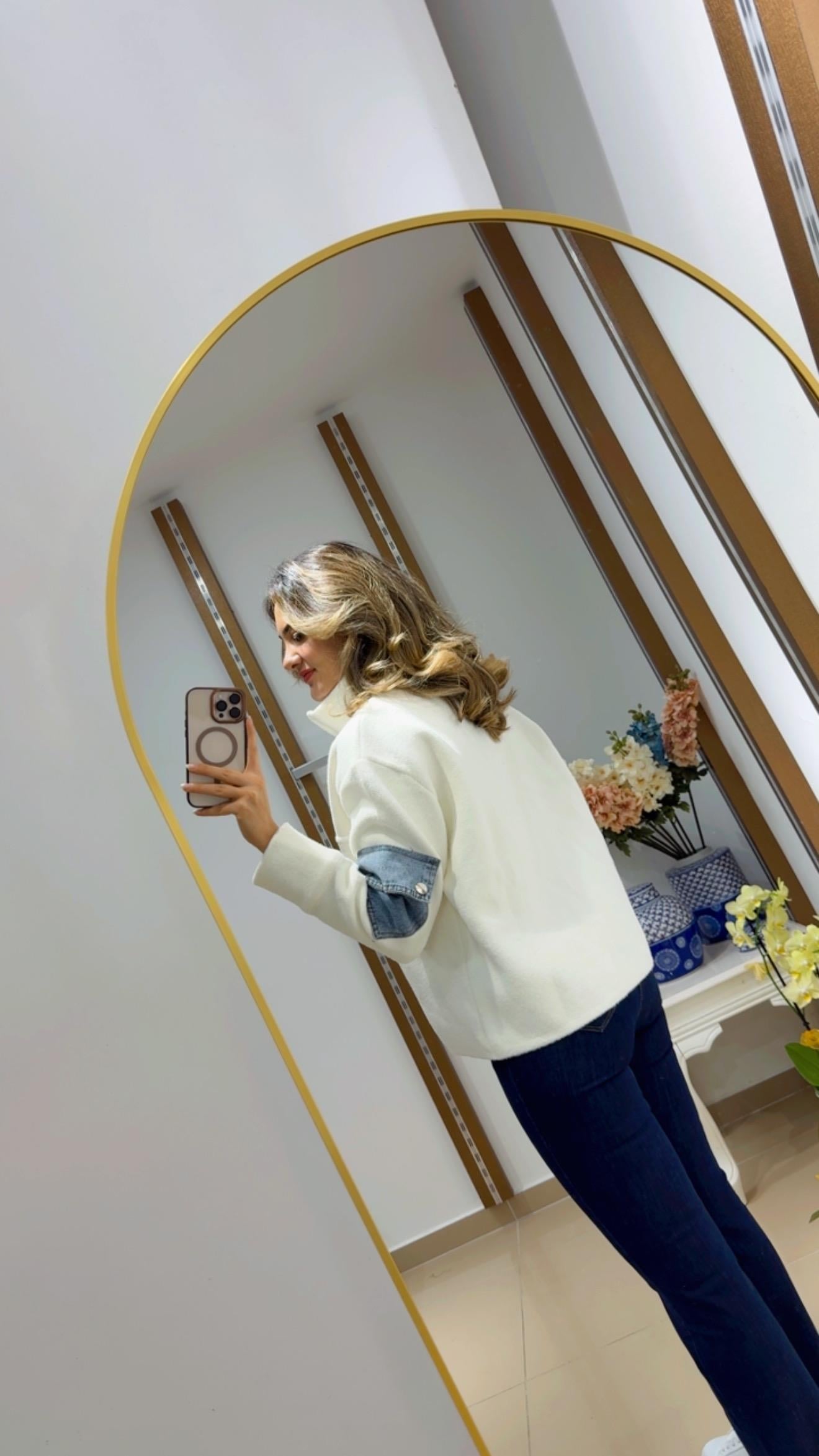Angora önü kot kapaklı ceket hırka beyaz 
