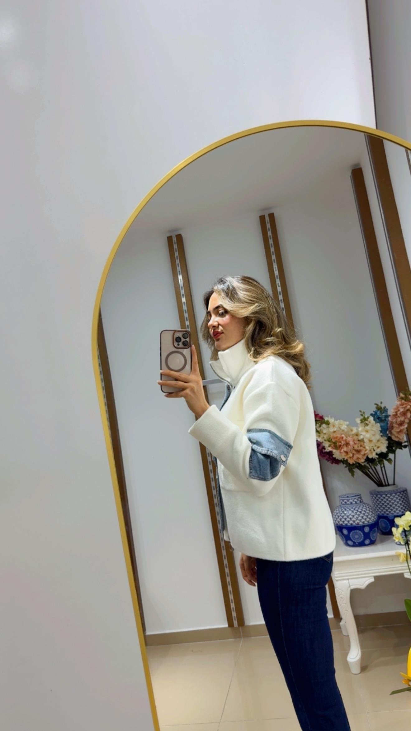 Angora önü kot kapaklı ceket hırka beyaz 