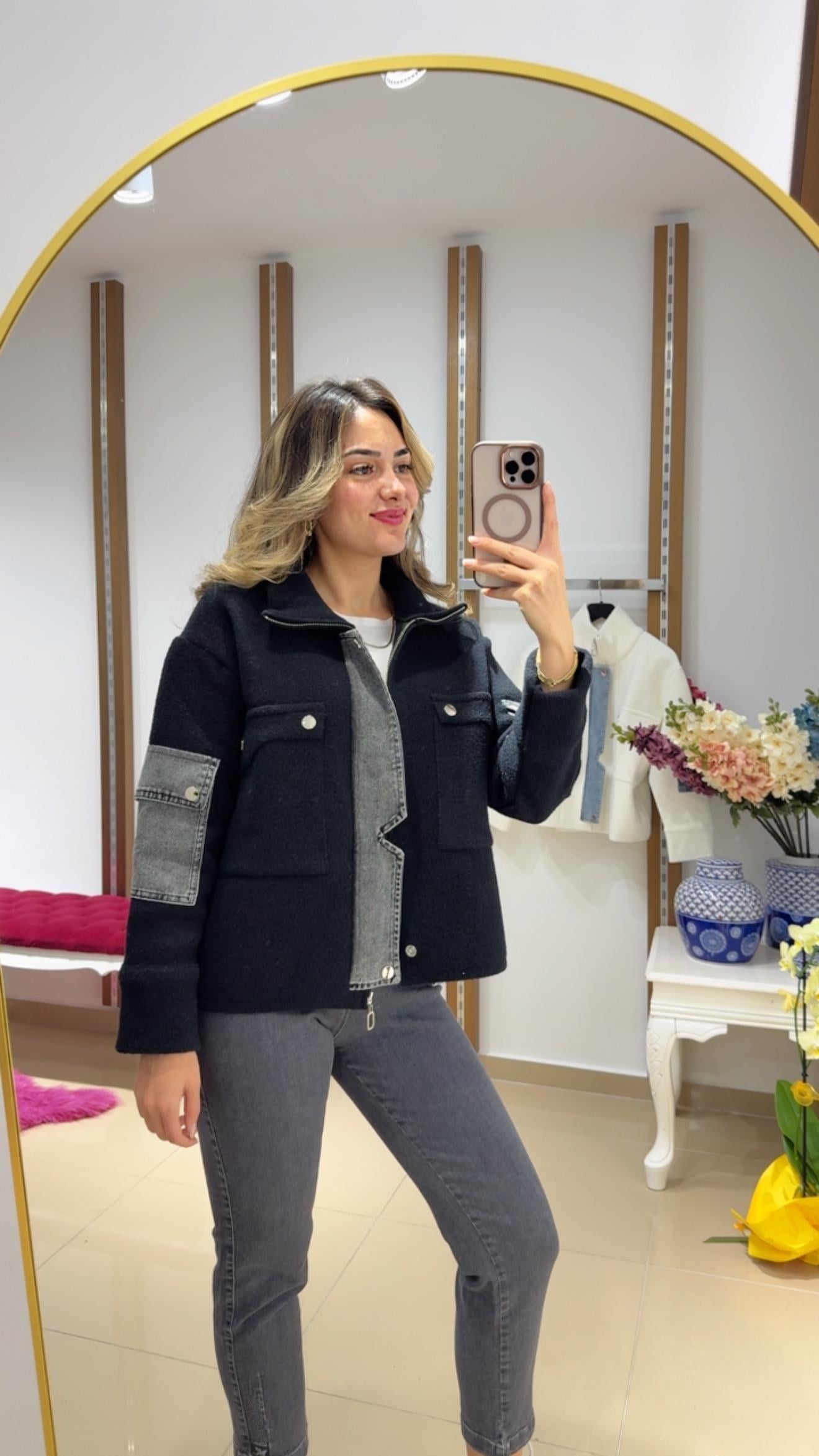Angora önü kot kapaklı ceket hırka siyah