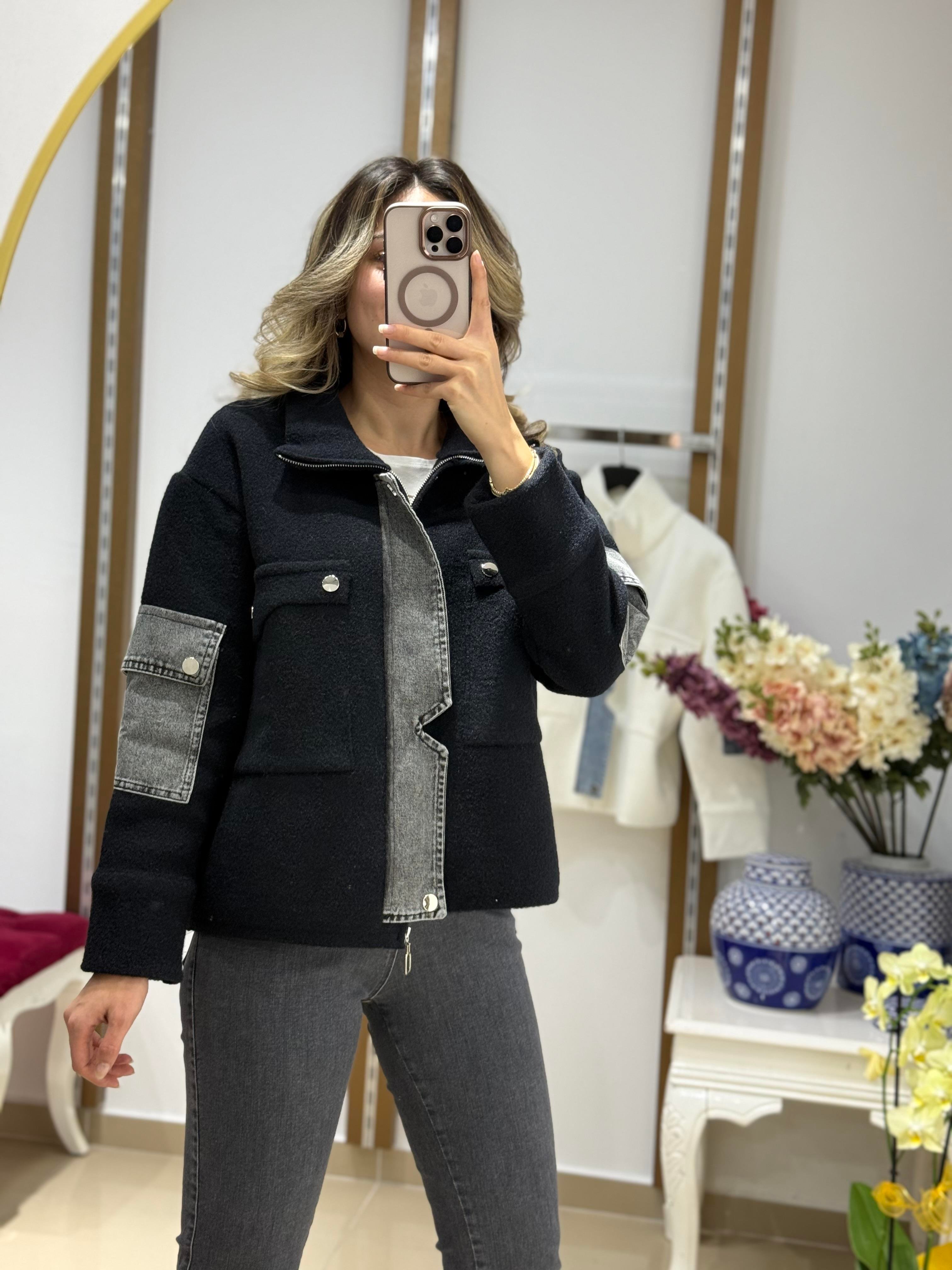 Angora önü kot kapaklı ceket hırka siyah