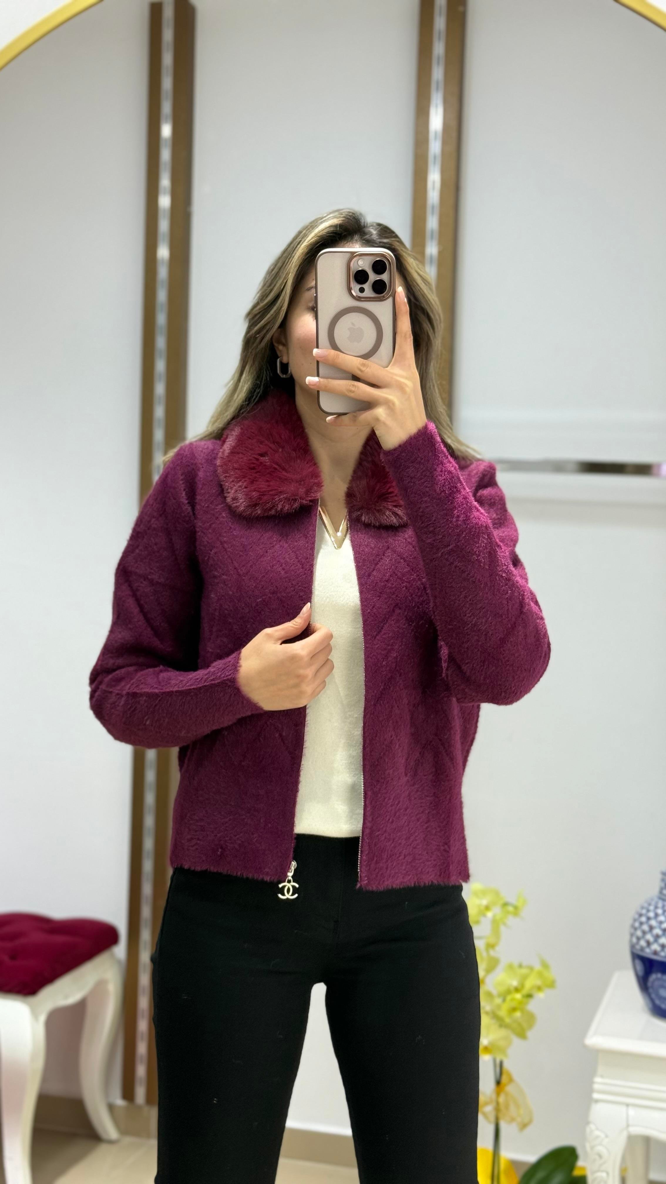Yaka Kürk Angora Fermuarlı kısa hırka MÜRDÜM