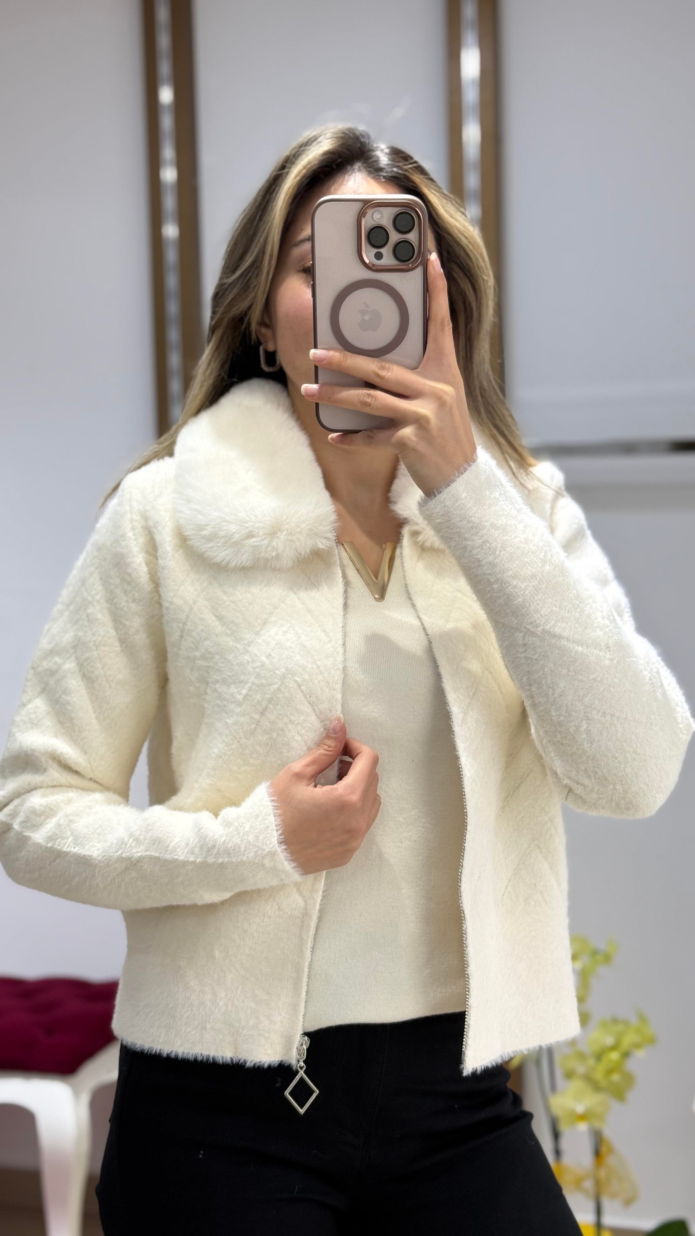 Yaka Kürk Angora Fermuarlı kısa hırka BEYAZ