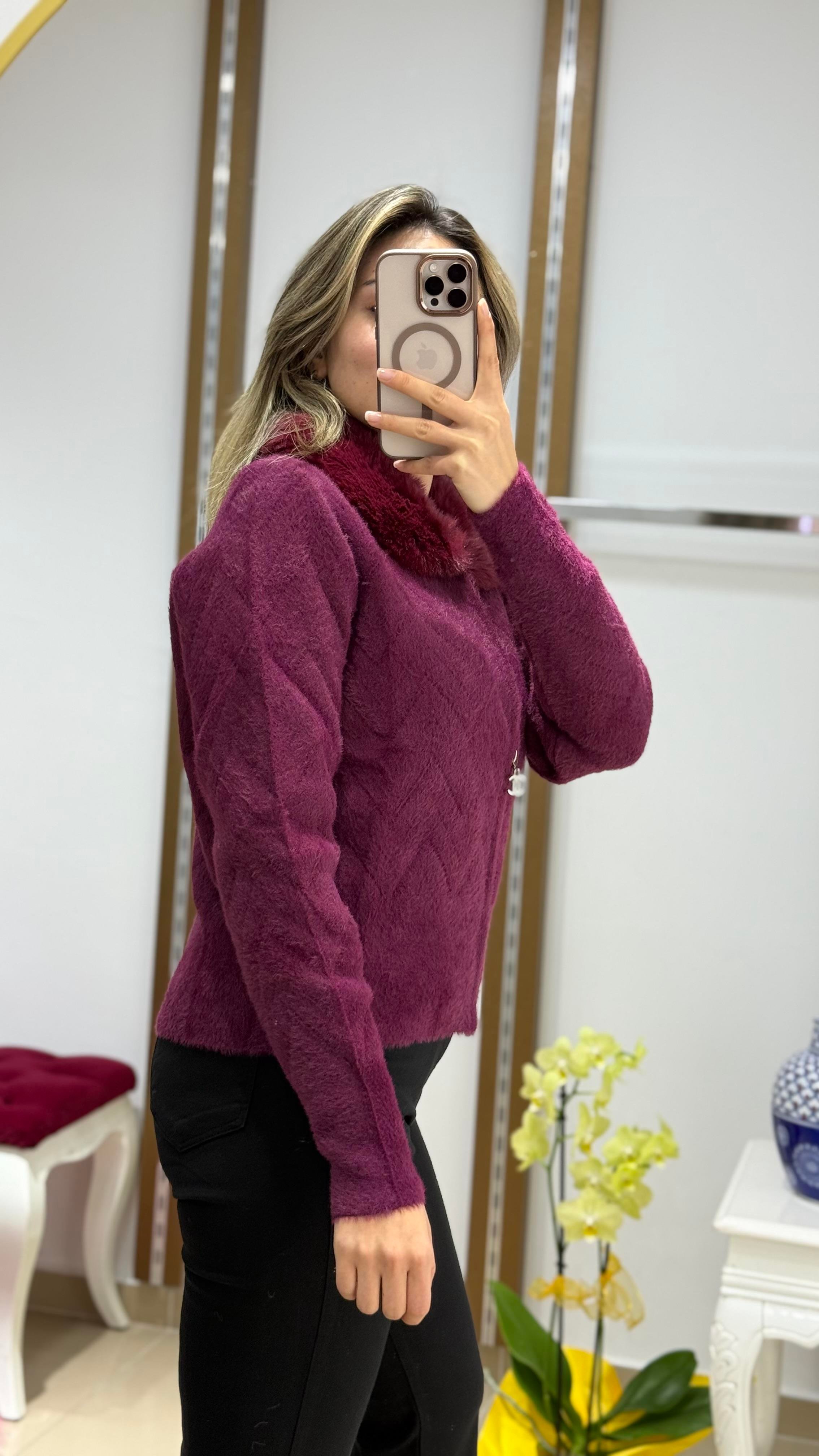 Yaka Kürk Angora Fermuarlı kısa hırka MÜRDÜM