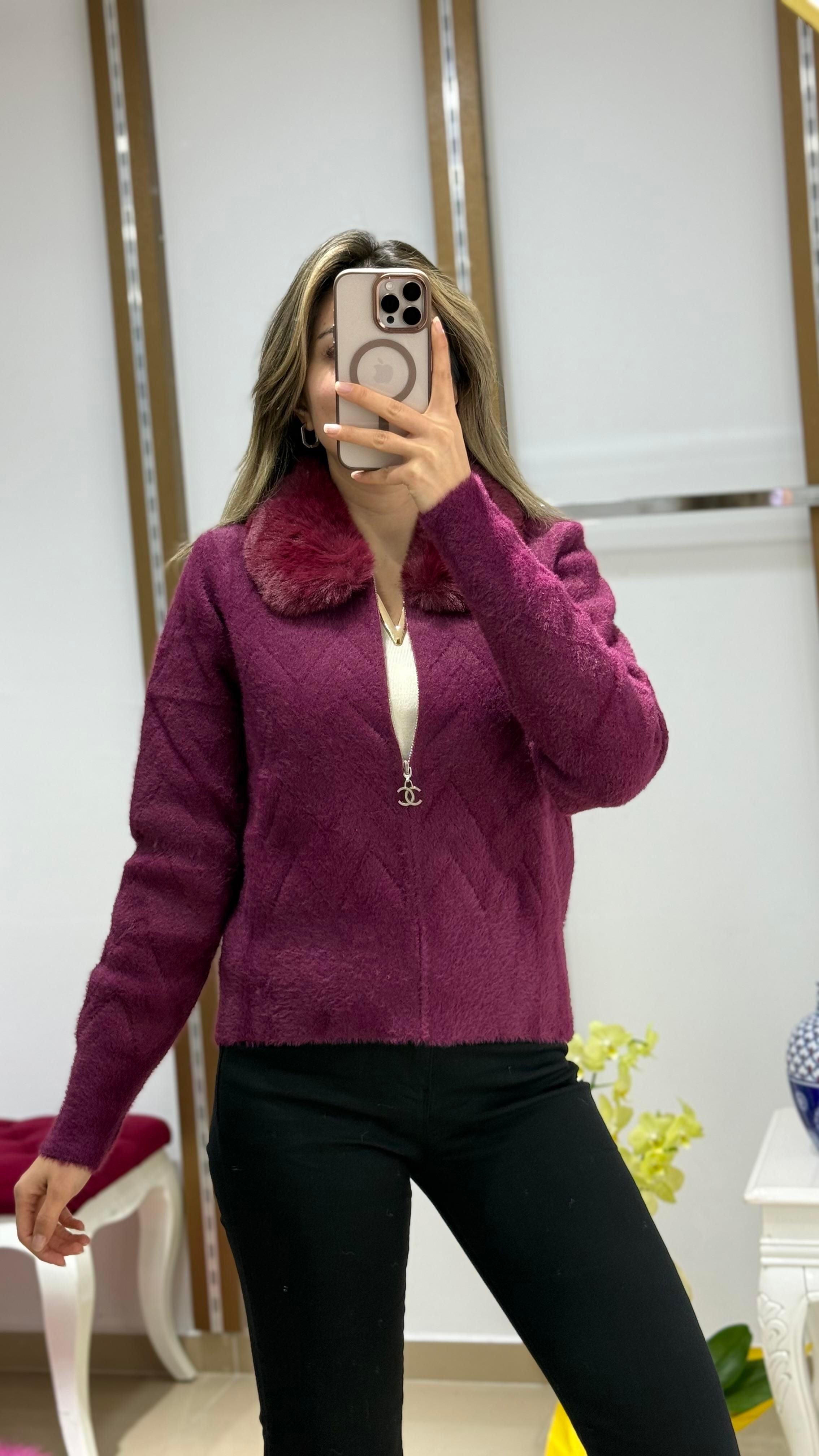Yaka Kürk Angora Fermuarlı kısa hırka MÜRDÜM