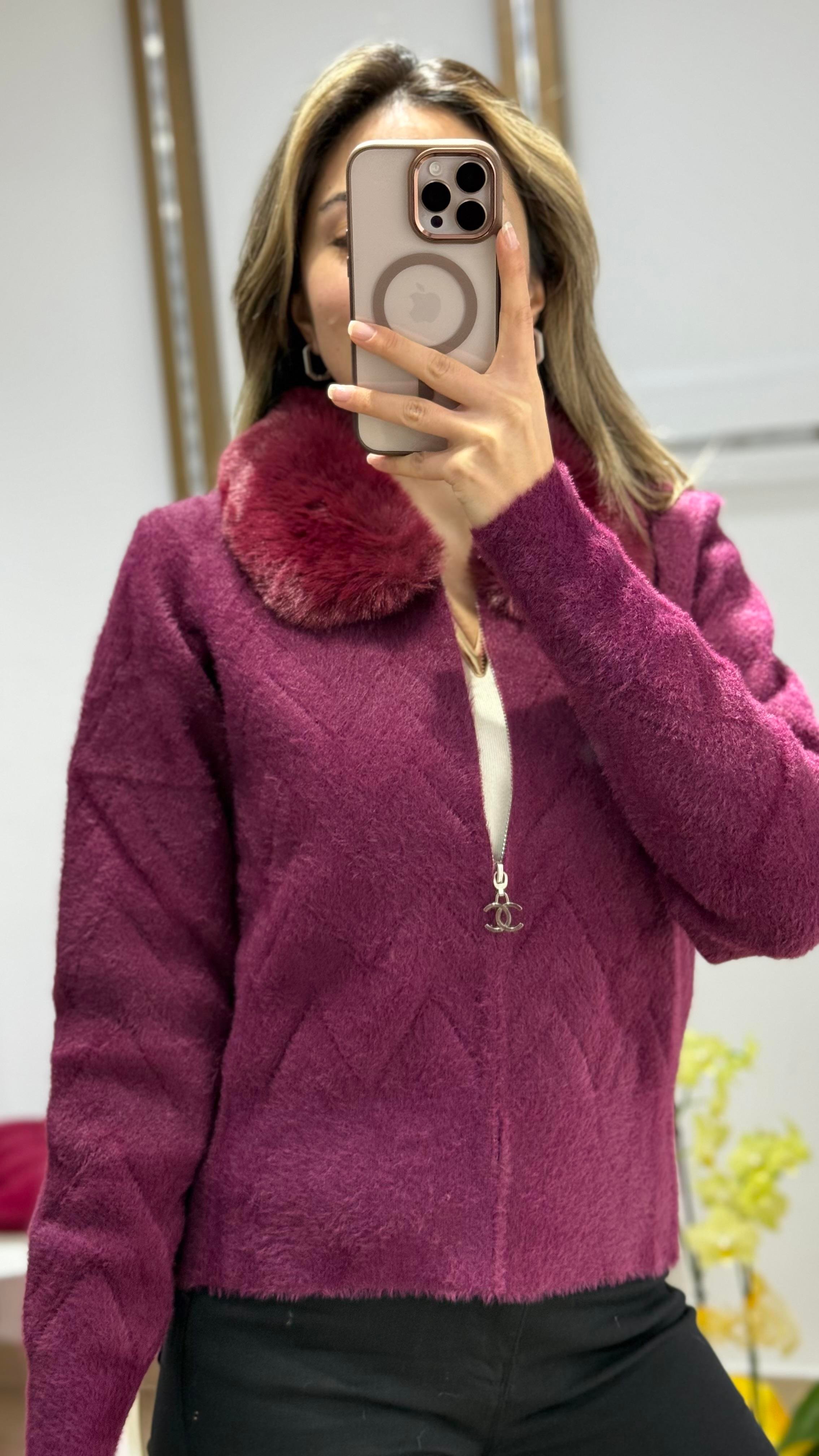 Yaka Kürk Angora Fermuarlı kısa hırka MÜRDÜM