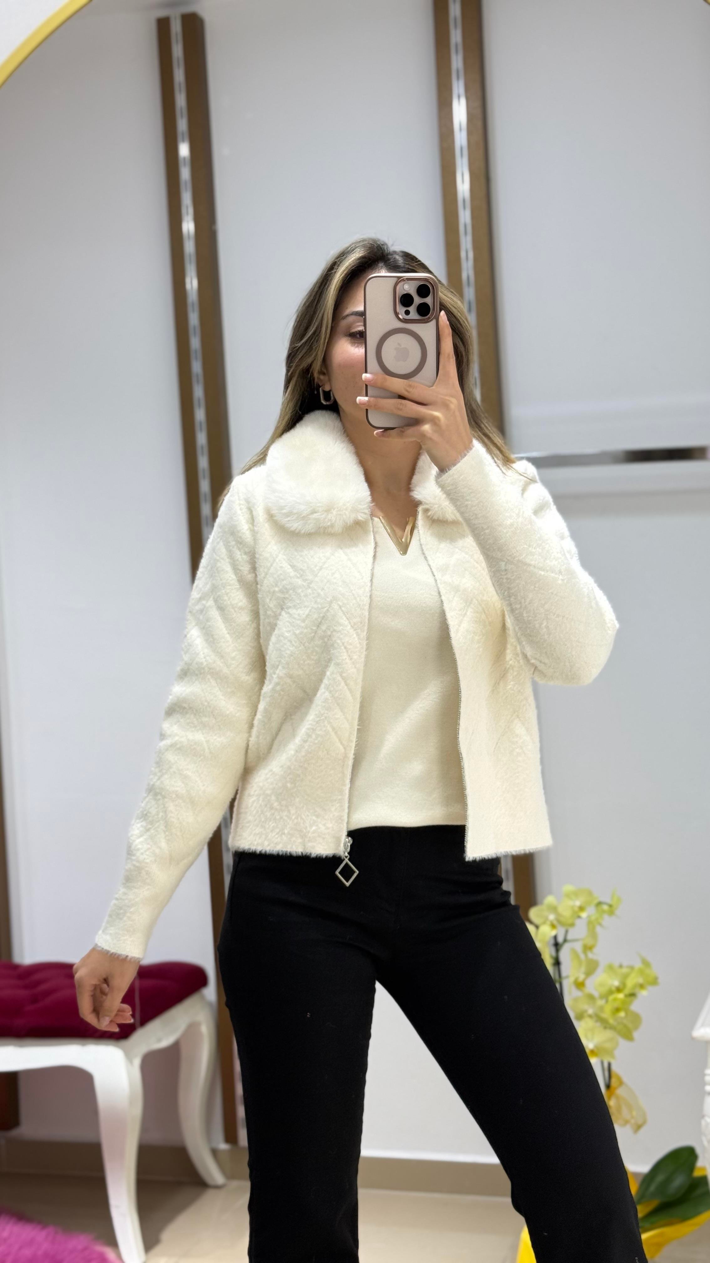 Yaka Kürk Angora Fermuarlı kısa hırka BEYAZ