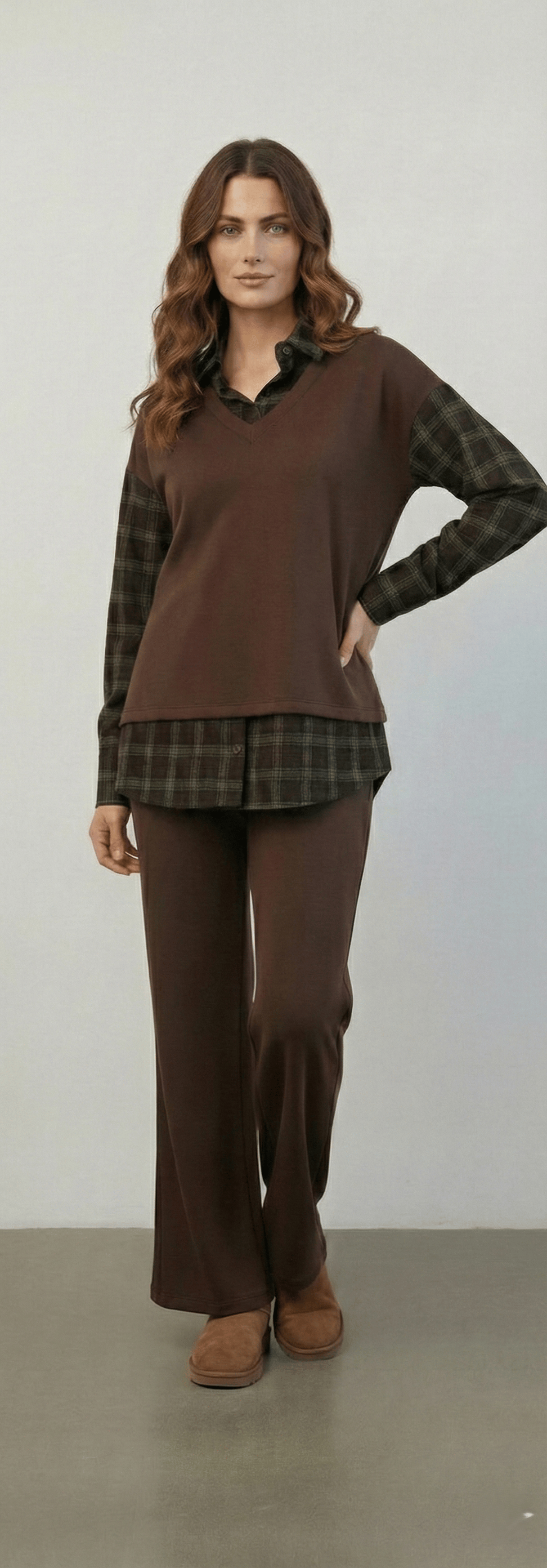 Ekose Detaylı Bluz ve Pantolon Takım