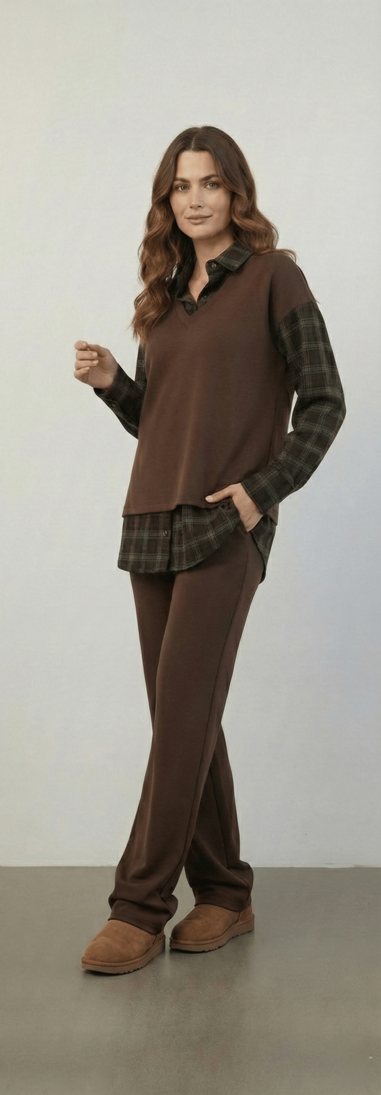 Ekose Detaylı Bluz ve Pantolon Takım