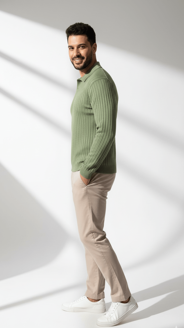 Yeşil Minimal Desenli Polo Yaka Triko Kazak