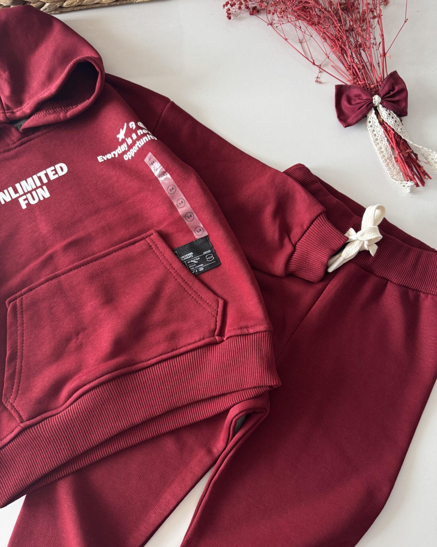 Basic Kapüşonlu Sloganlı Unisex Takım- Bordo