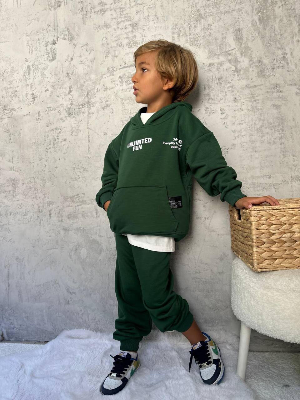 Basic Kapüşonlu Sloganlı Unisex Takım- Yeşil