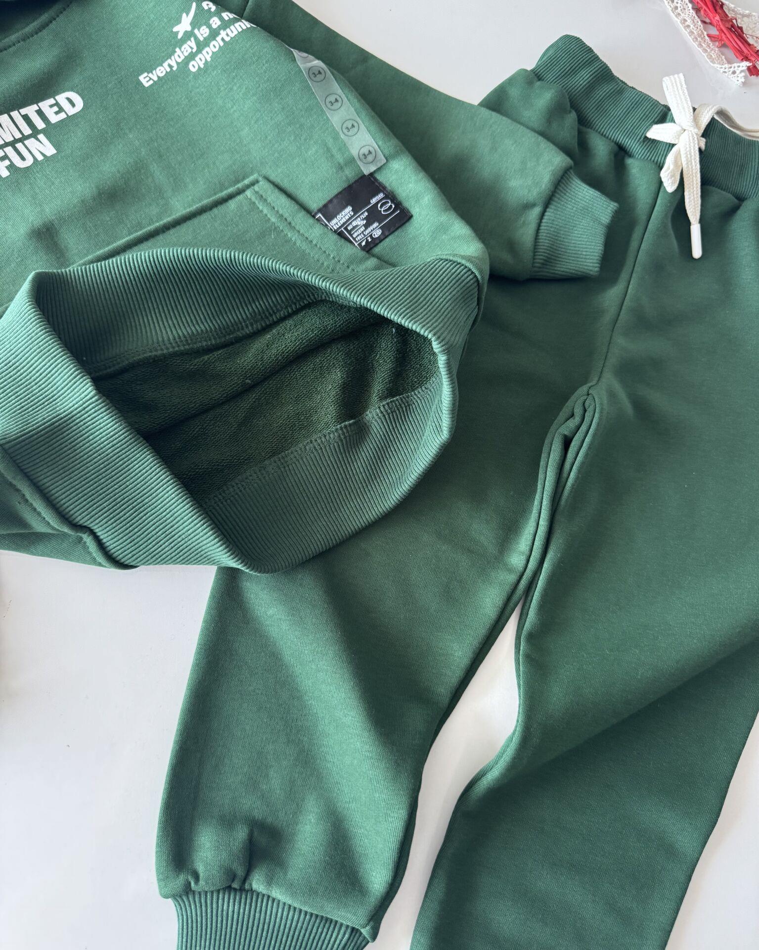 Basic Kapüşonlu Sloganlı Unisex Takım- Yeşil