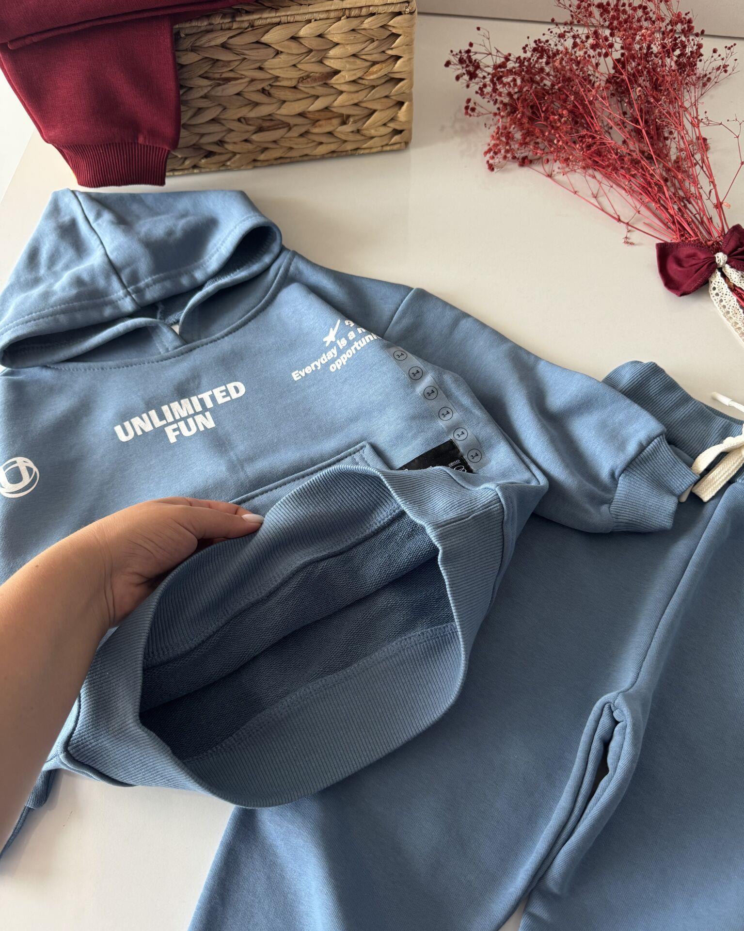Basic Kapüşonlu Sloganlı Unisex Takım- Mavi