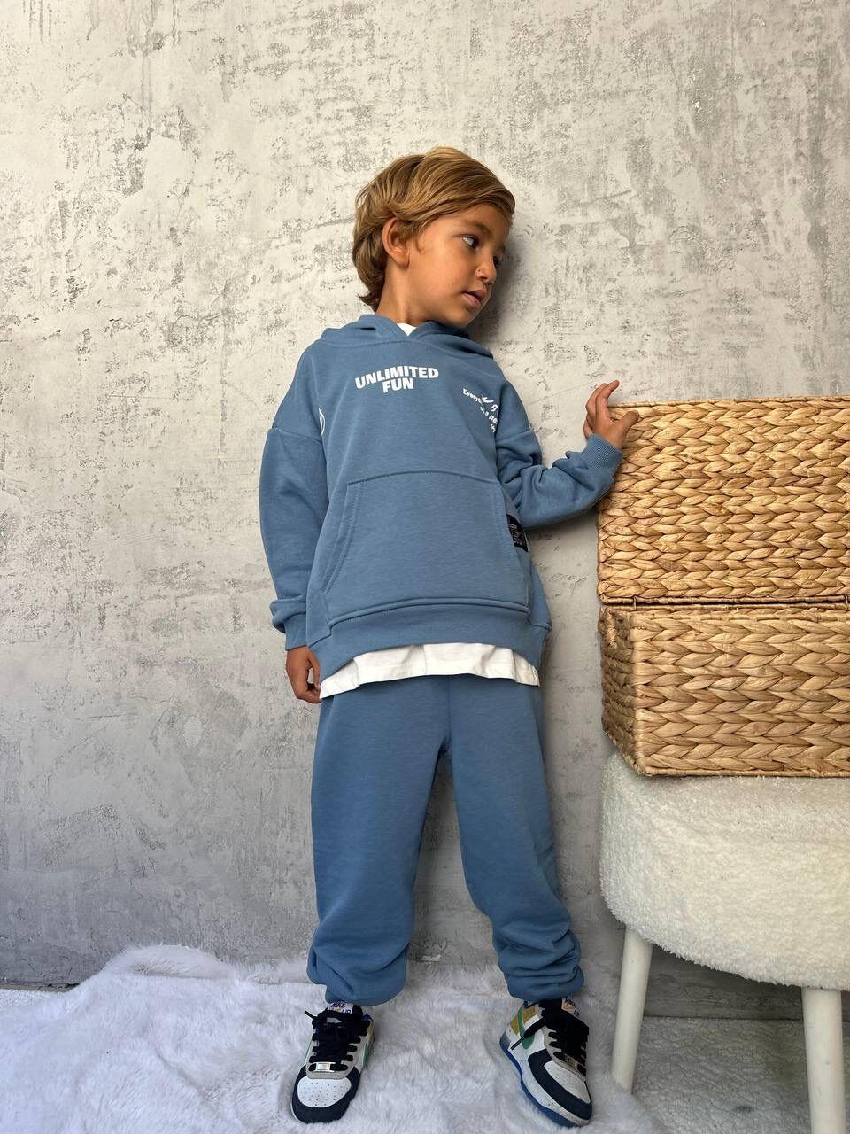 Basic Kapüşonlu Sloganlı Unisex Takım- Mavi