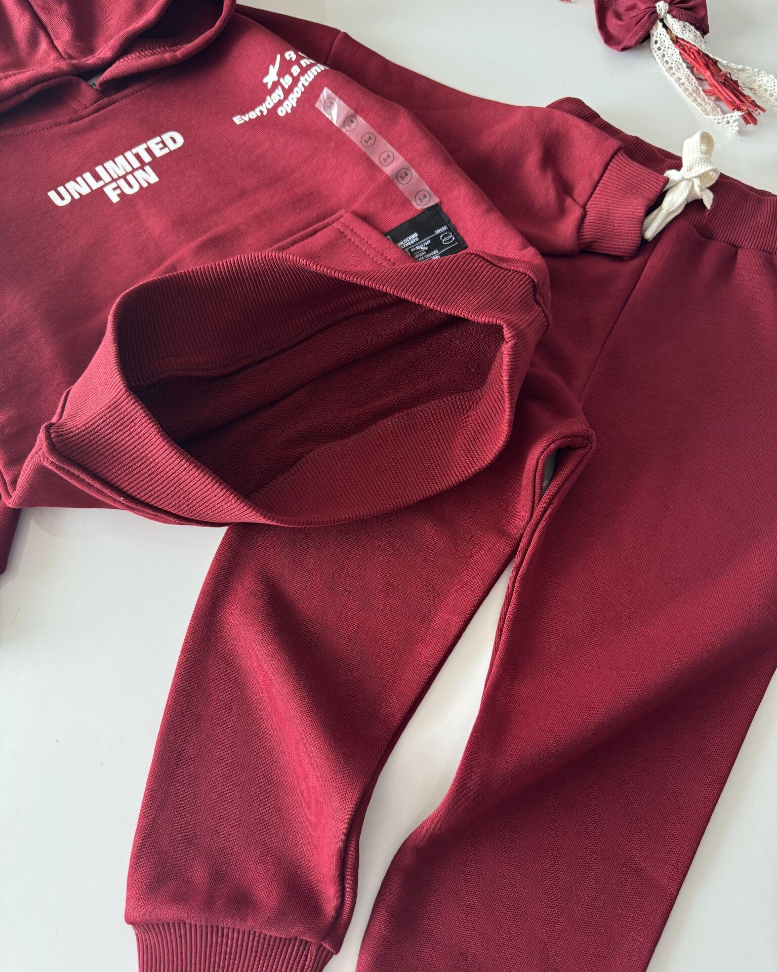 Basic Kapüşonlu Sloganlı Unisex Takım- Bordo