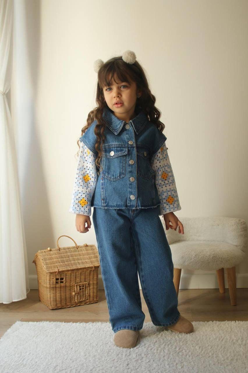 Denim Kolları Örme Takım - Mavi