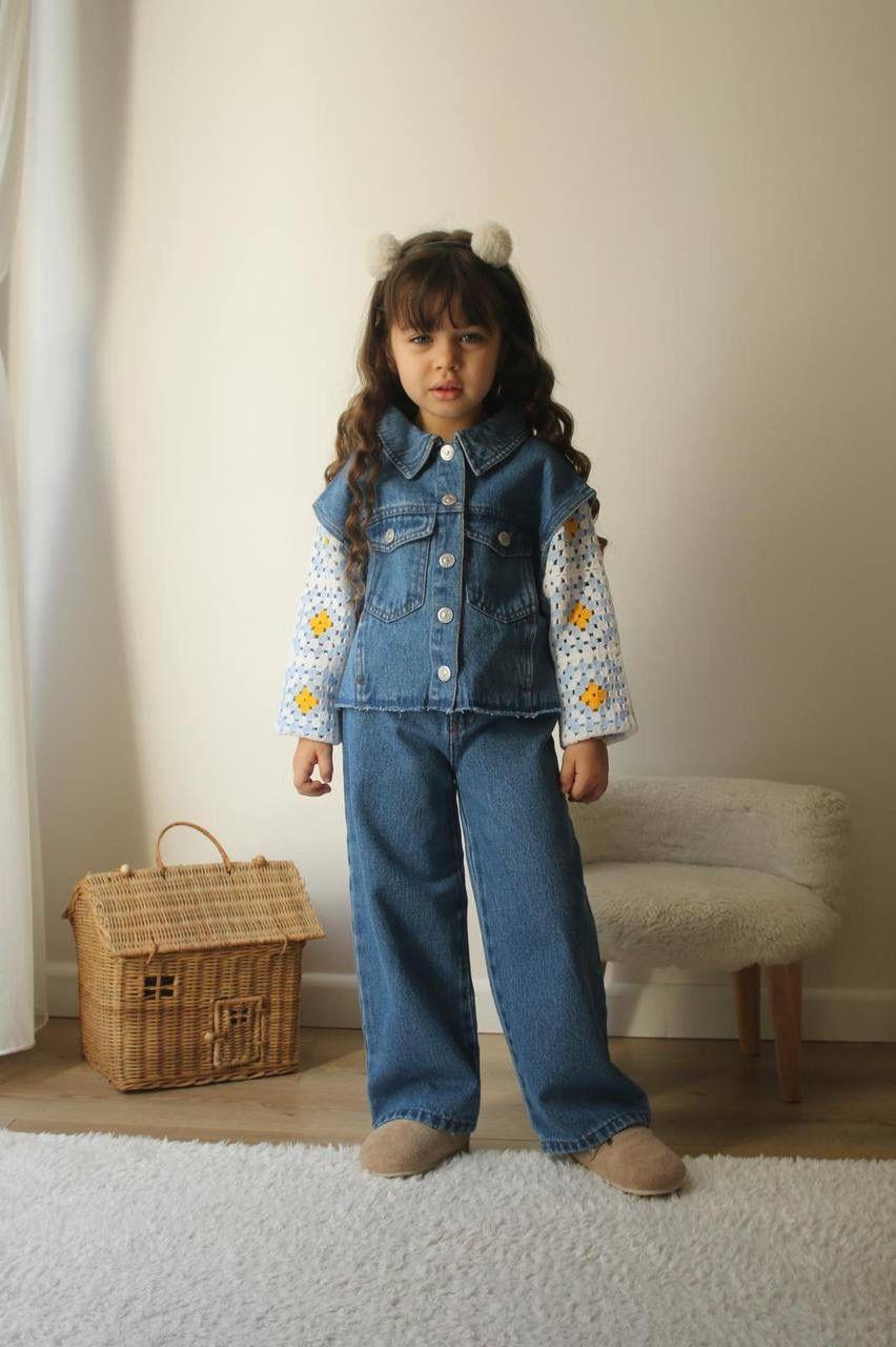 Denim Kolları Örme Takım - Mavi