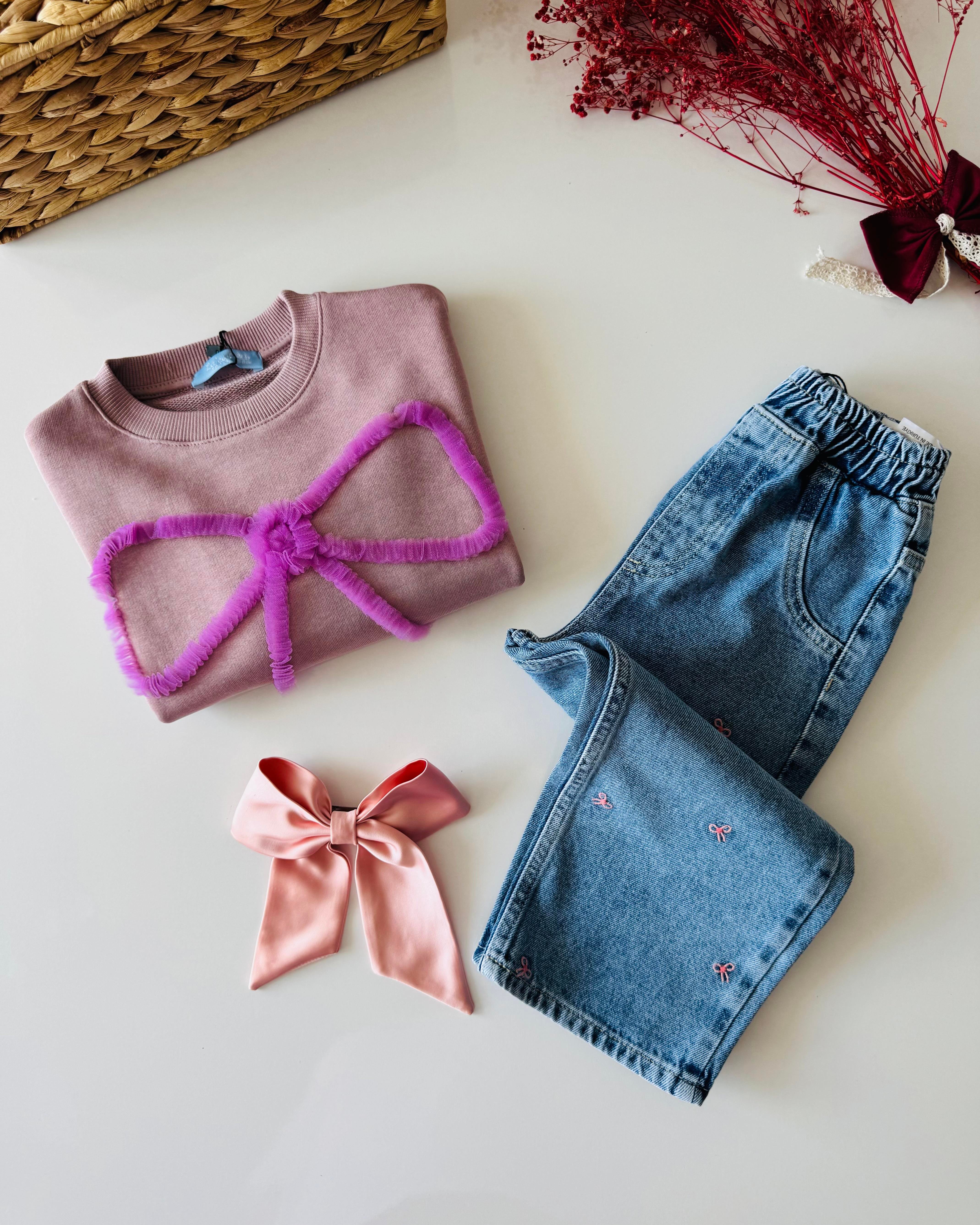 Fiyonklu Denim Pantolonlu İpek Takım - Pembe