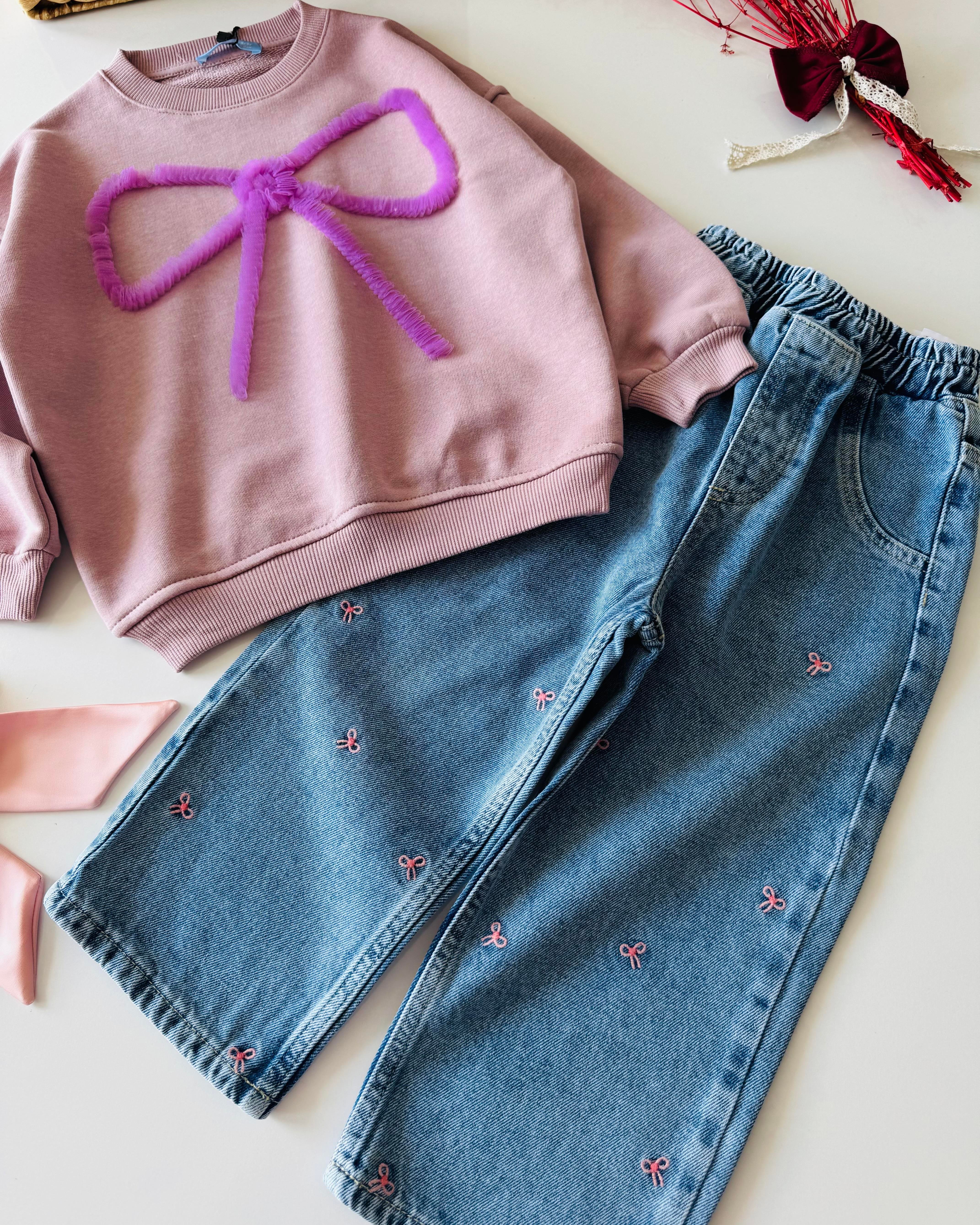 Fiyonklu Denim Pantolonlu İpek Takım - Pembe