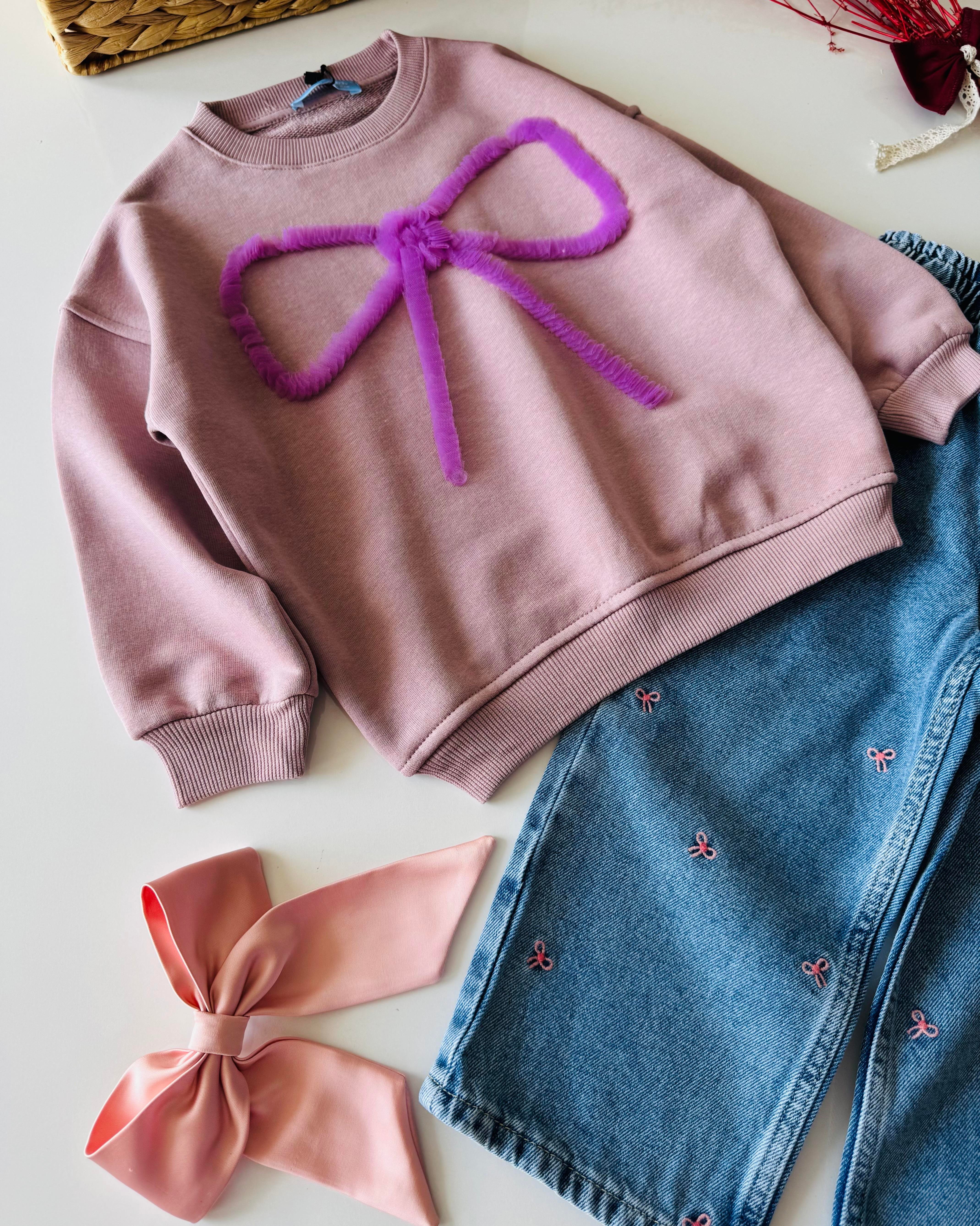 Fiyonklu Denim Pantolonlu İpek Takım - Pembe