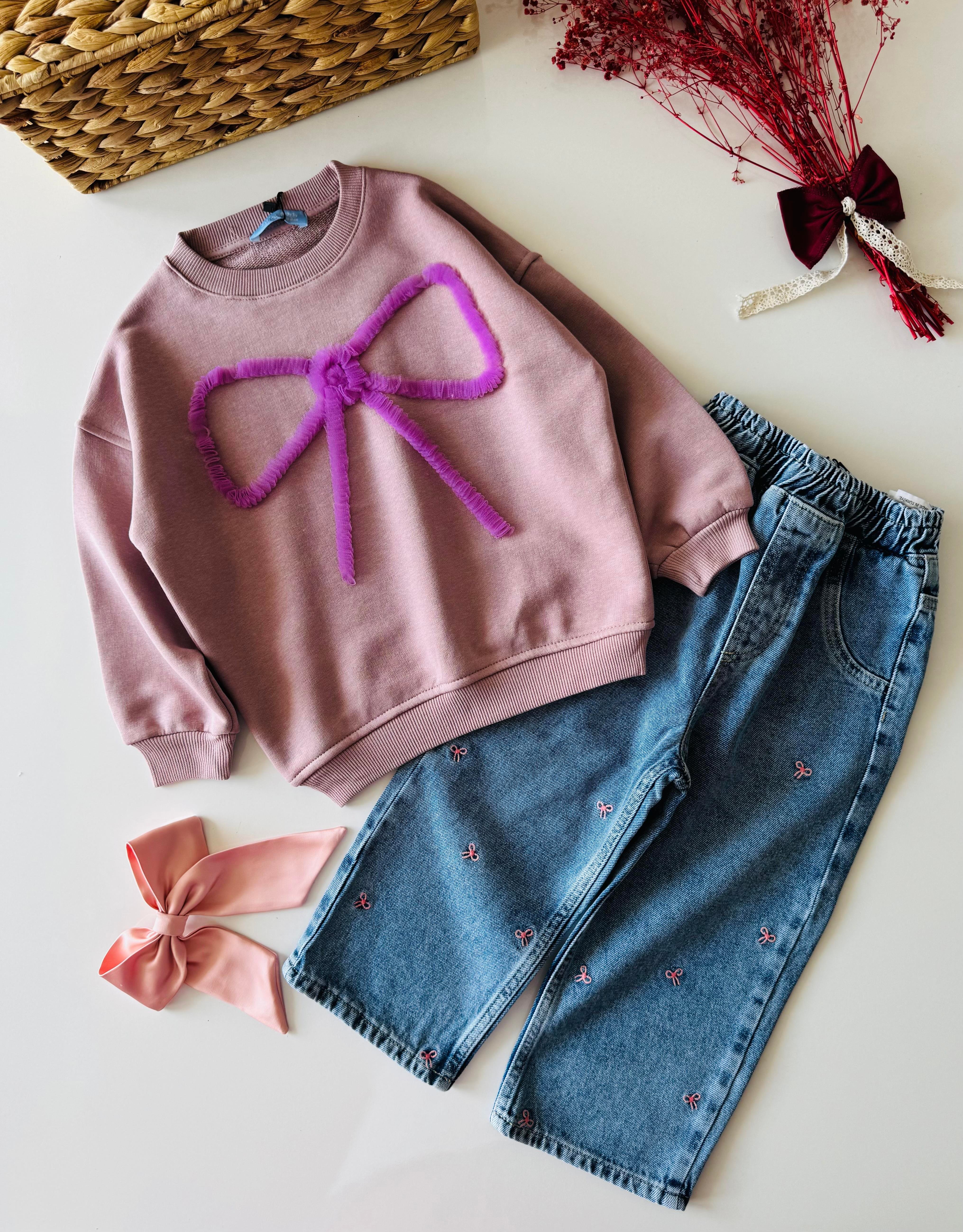 Fiyonklu Denim Pantolonlu İpek Takım - Pembe