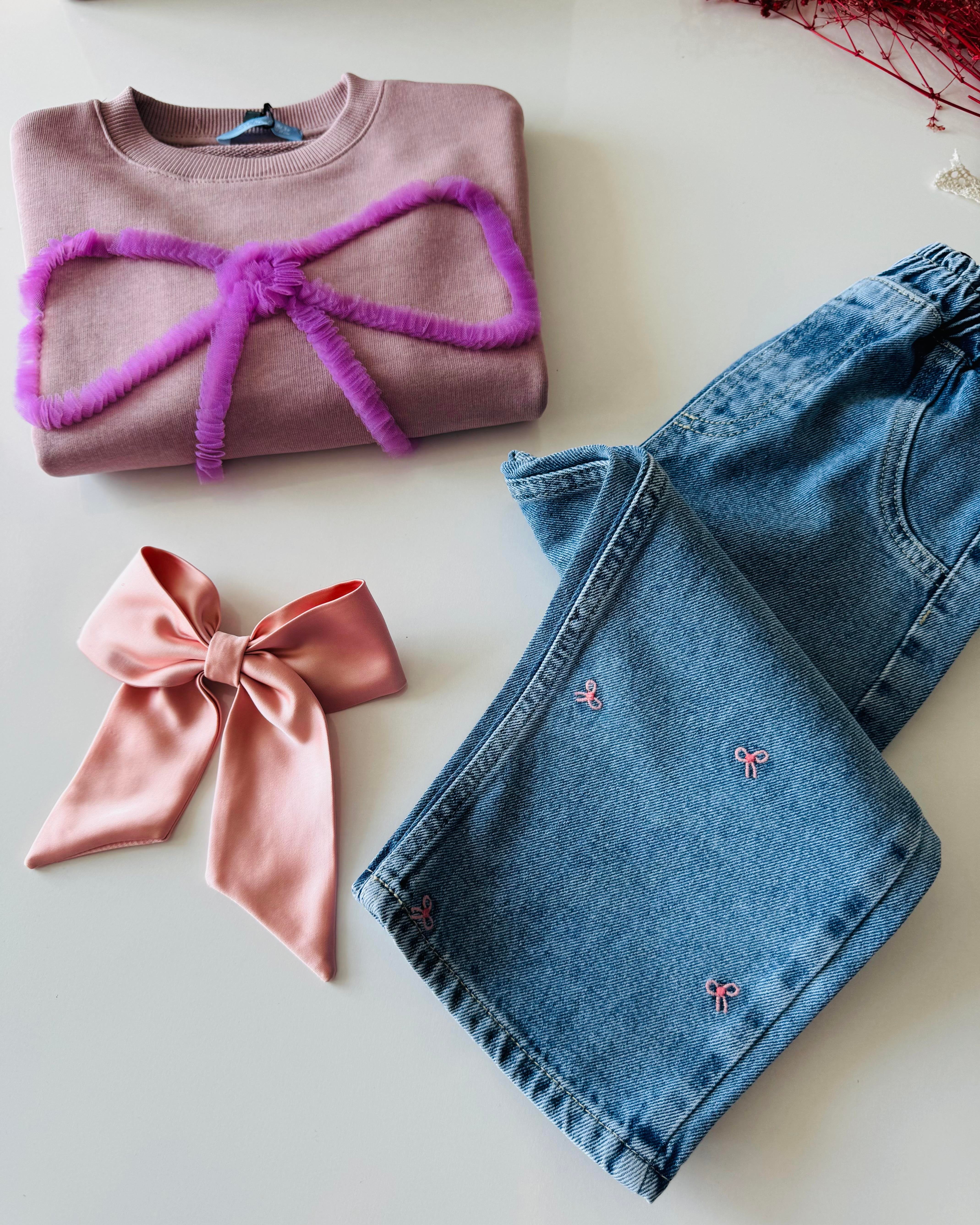 Fiyonklu Denim Pantolonlu İpek Takım - Pembe