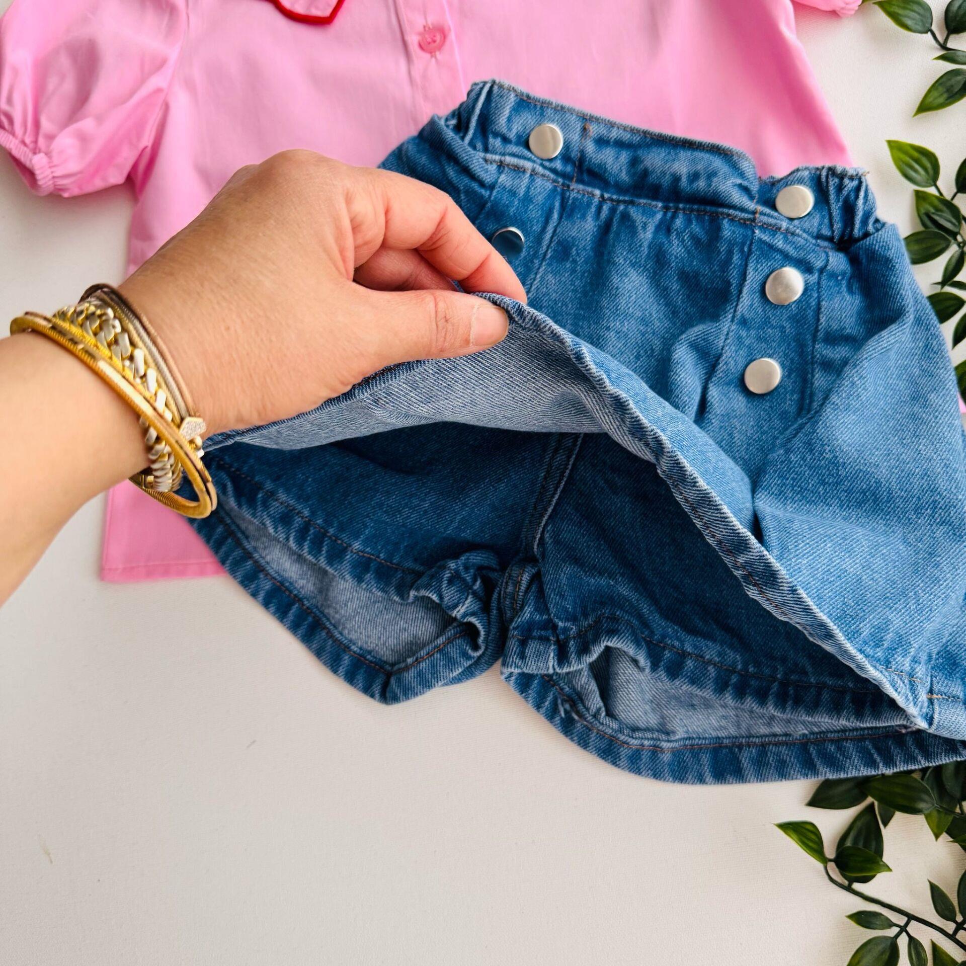 Kalp Aplikeli Denim Şort Etekli Kalben Takım - Pembe