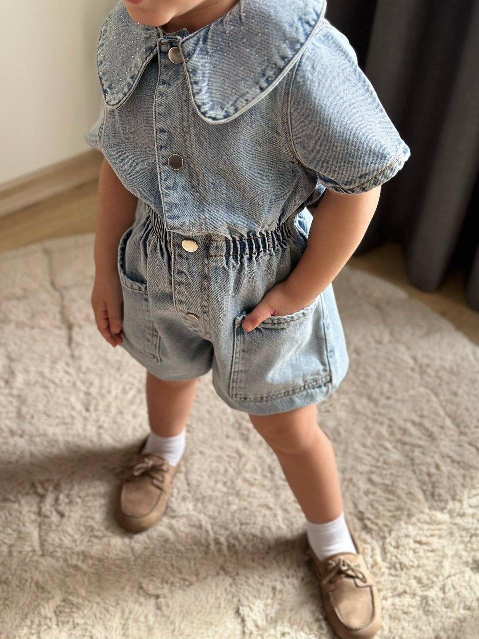 Taşlı Denim Duru Tulum - Mavi