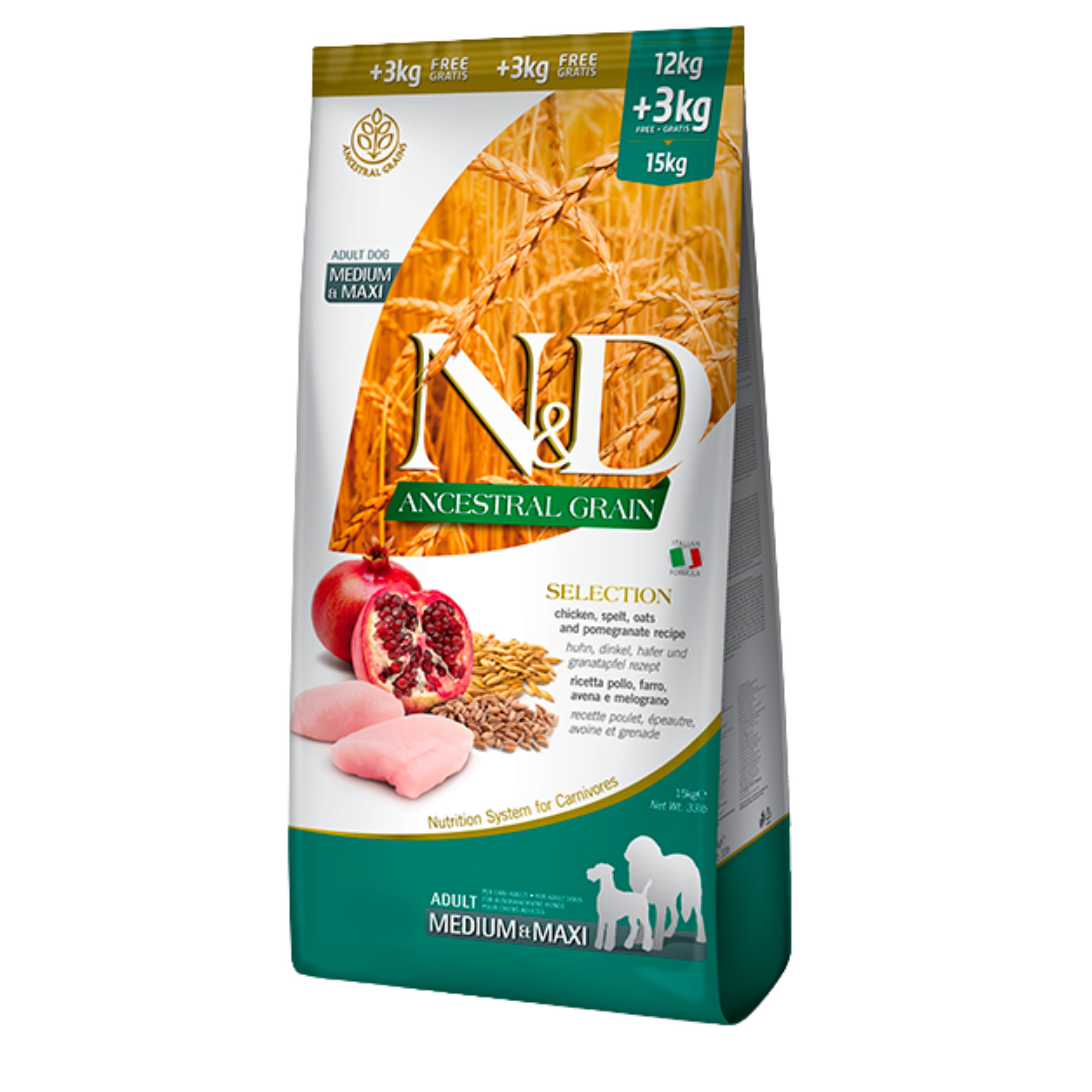 N&D ANCESTRAL Düşük Tahıllı Tavuk Etli ve Narlı Kuru Köpek Maması 12+3 Kg