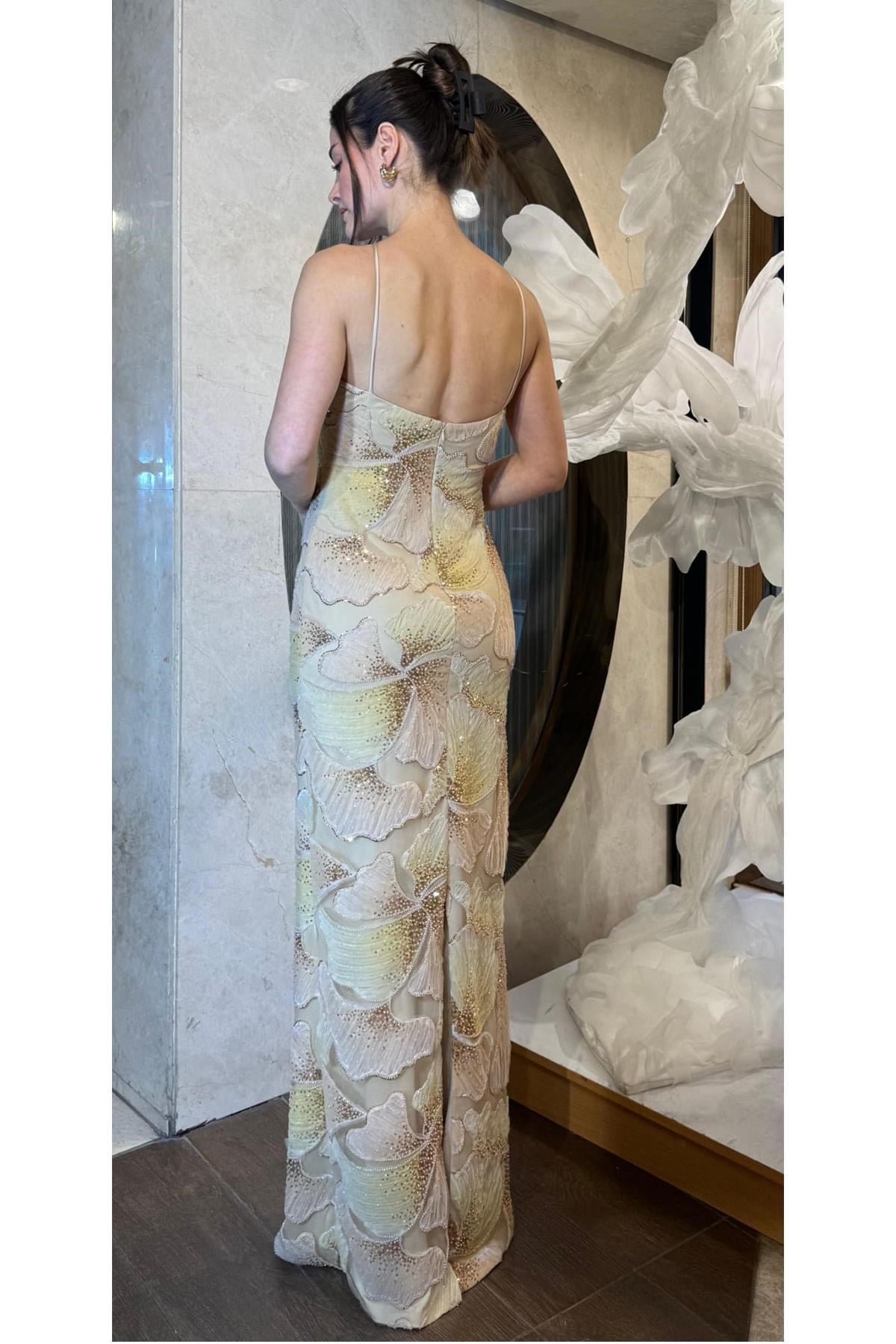 Bej Yakası İp Askılı İşlemeli Abiye Abiye P-0000017896-BEJBEJ36