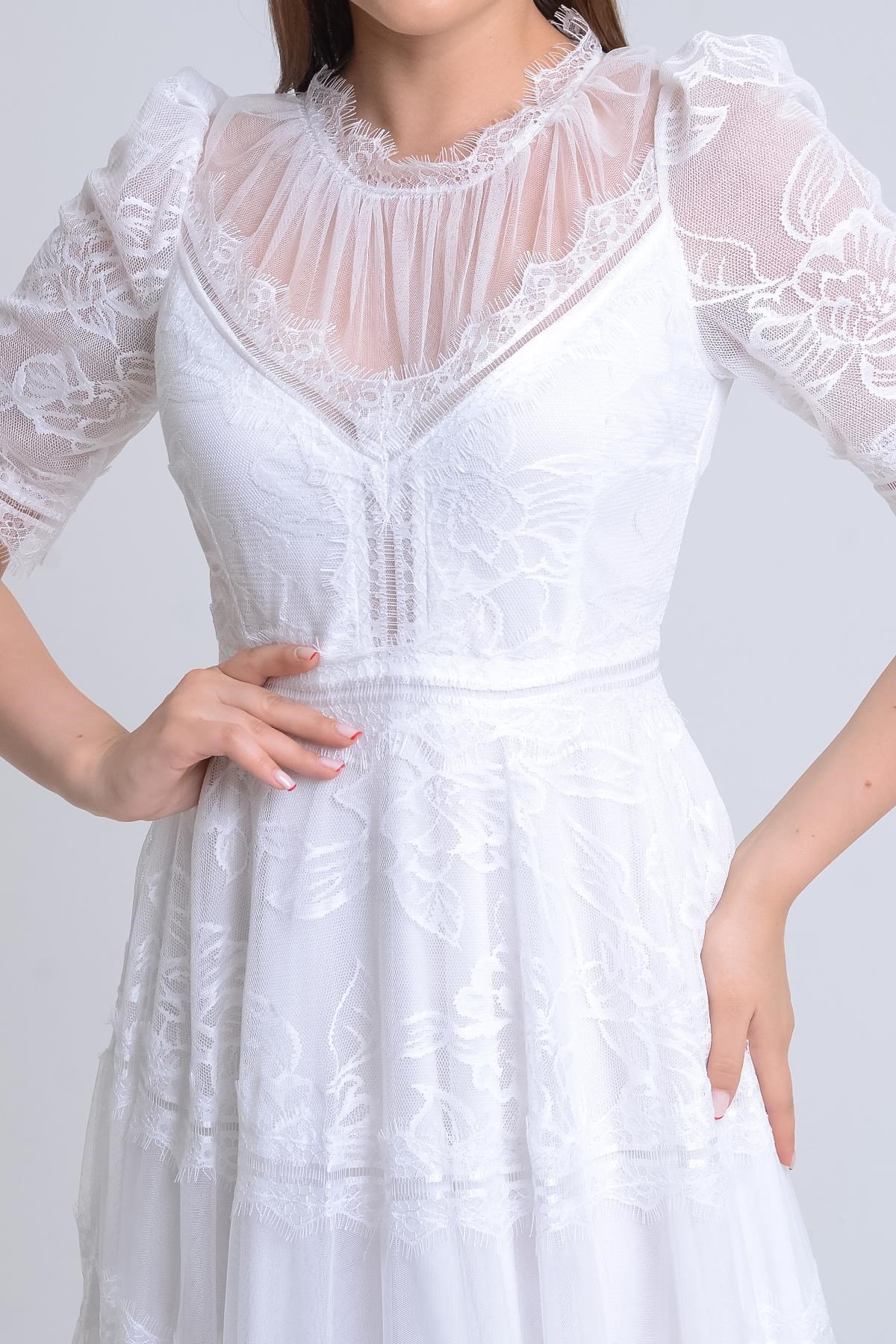 Beyaz Kısa Kol Dantel Abiye Elbise Abiye P-0000011190-BEYAZBYZ38