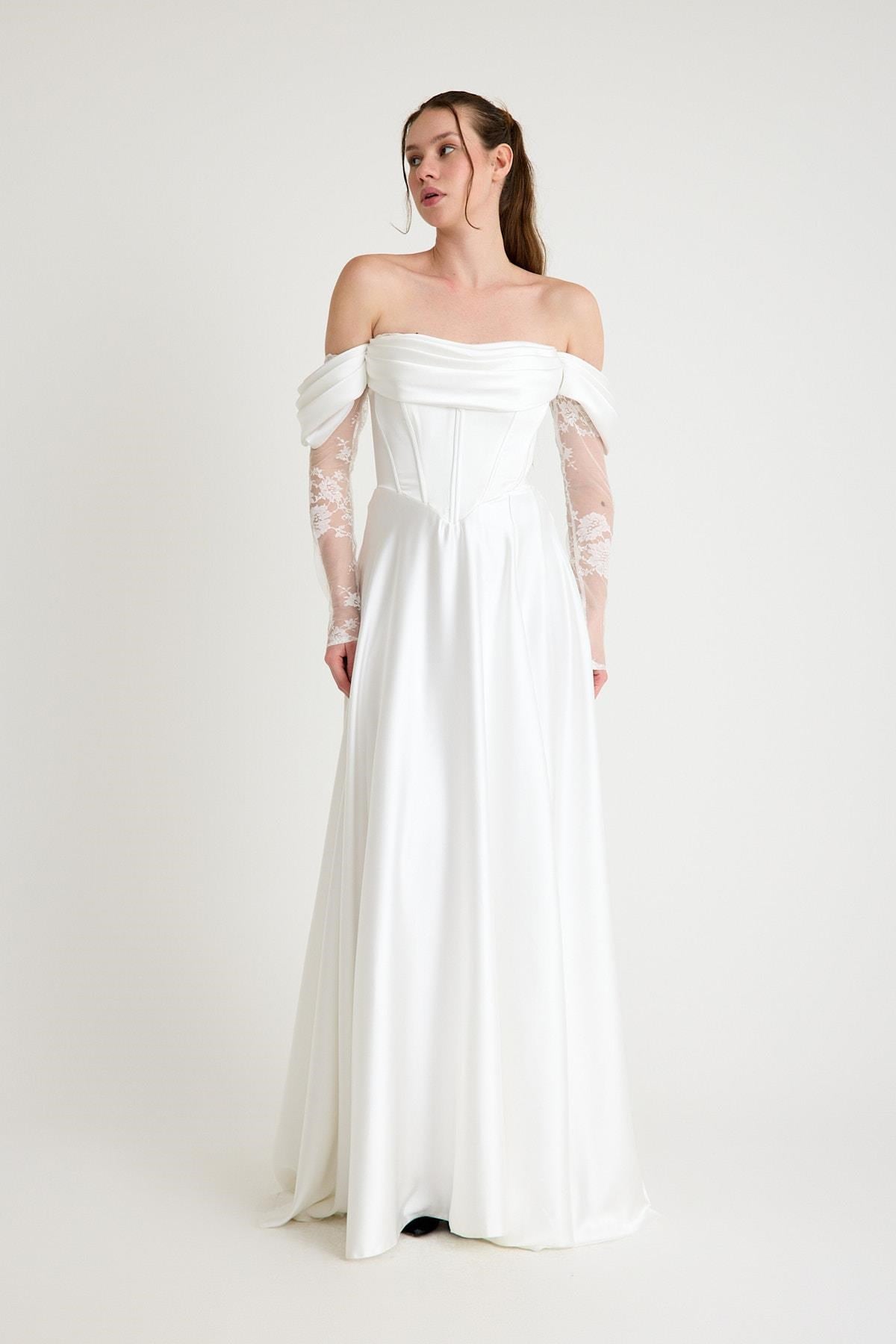 Beyaz Kolu Dantelli Saten Abiye Elbise Abiye P-0000016302-BEYAZBYZ40