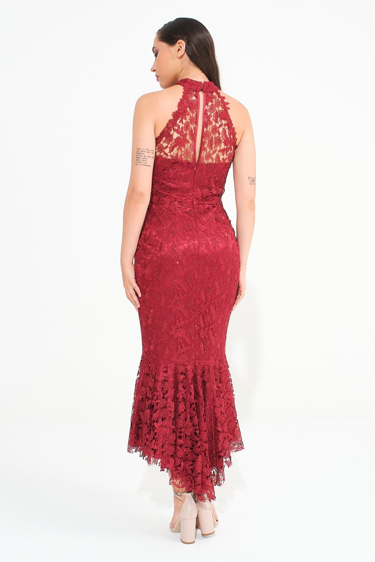 Bordo Halter Yaka Güpürlü Abiye Abiye P-0000008232-BORDOBRD38