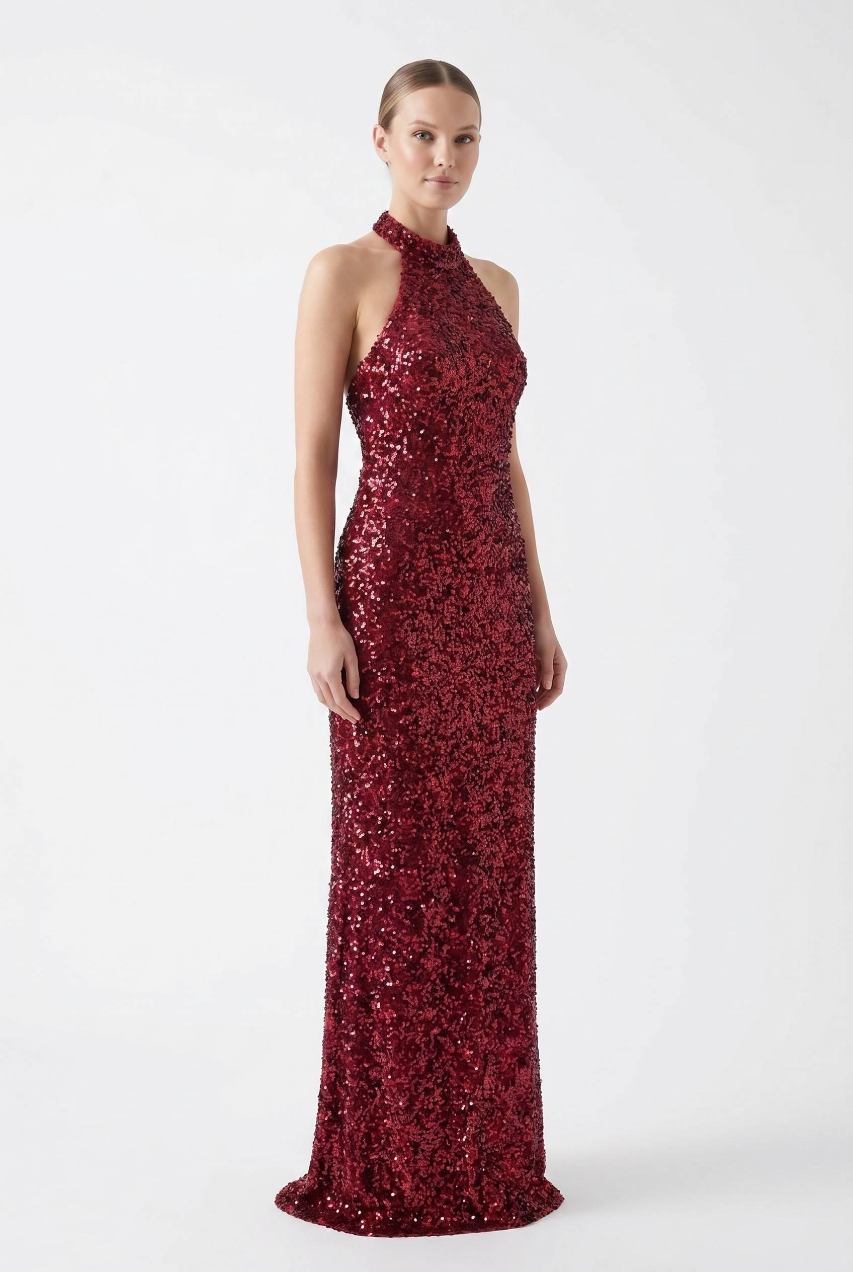 Bordo Halter Yaka Payetli Abiye Abiye P-0000014389-BORDOBRD42