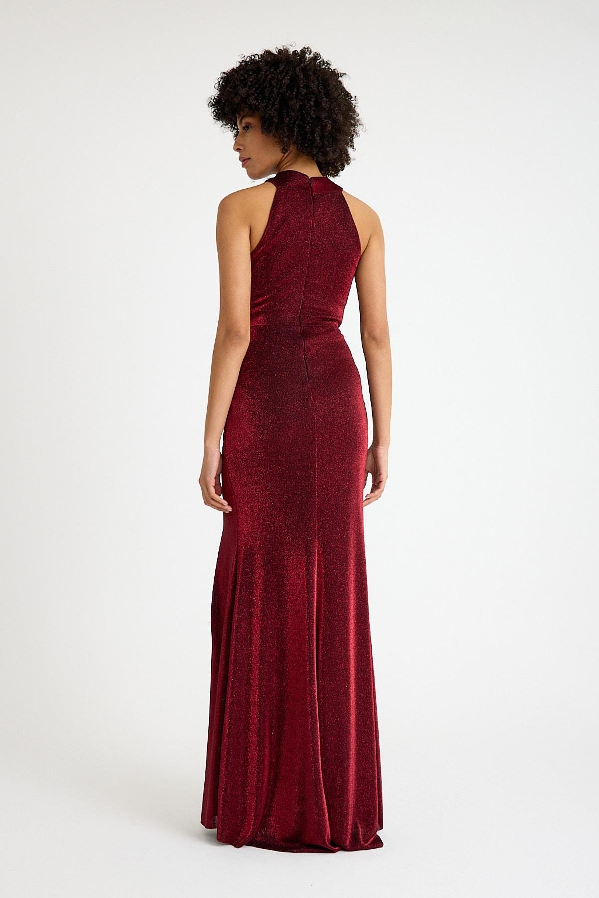 Bordo Halter Yaka Simli Abiye Elbise Abiye P-0000015599-BORDOBRD42